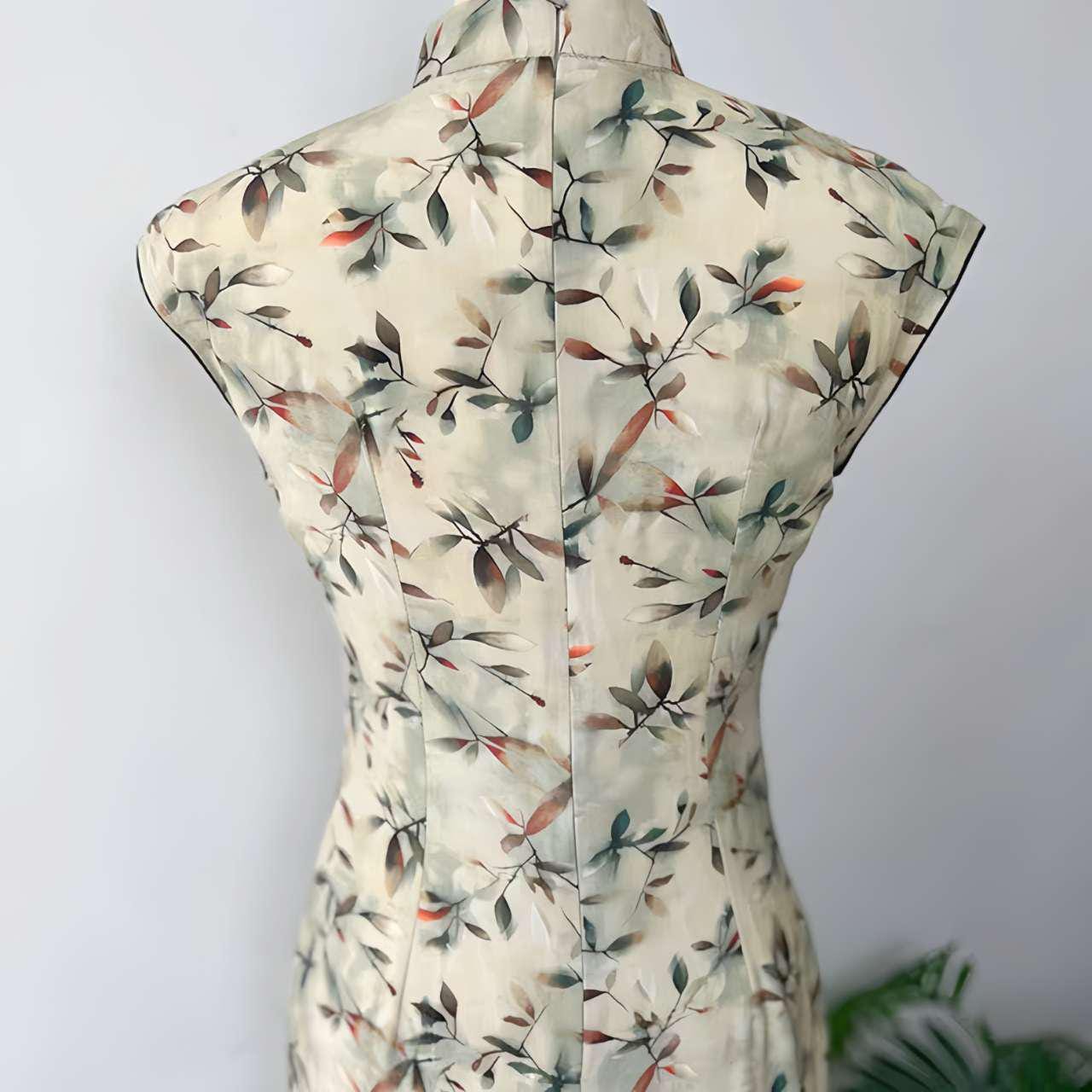 Qipao Floral Tencel, Qipao Oriental Midi, Cheongsam de Hojas de Acuarela, Vestido Tradicional Asiático, Vestido para Ceremonia del Té,regalo