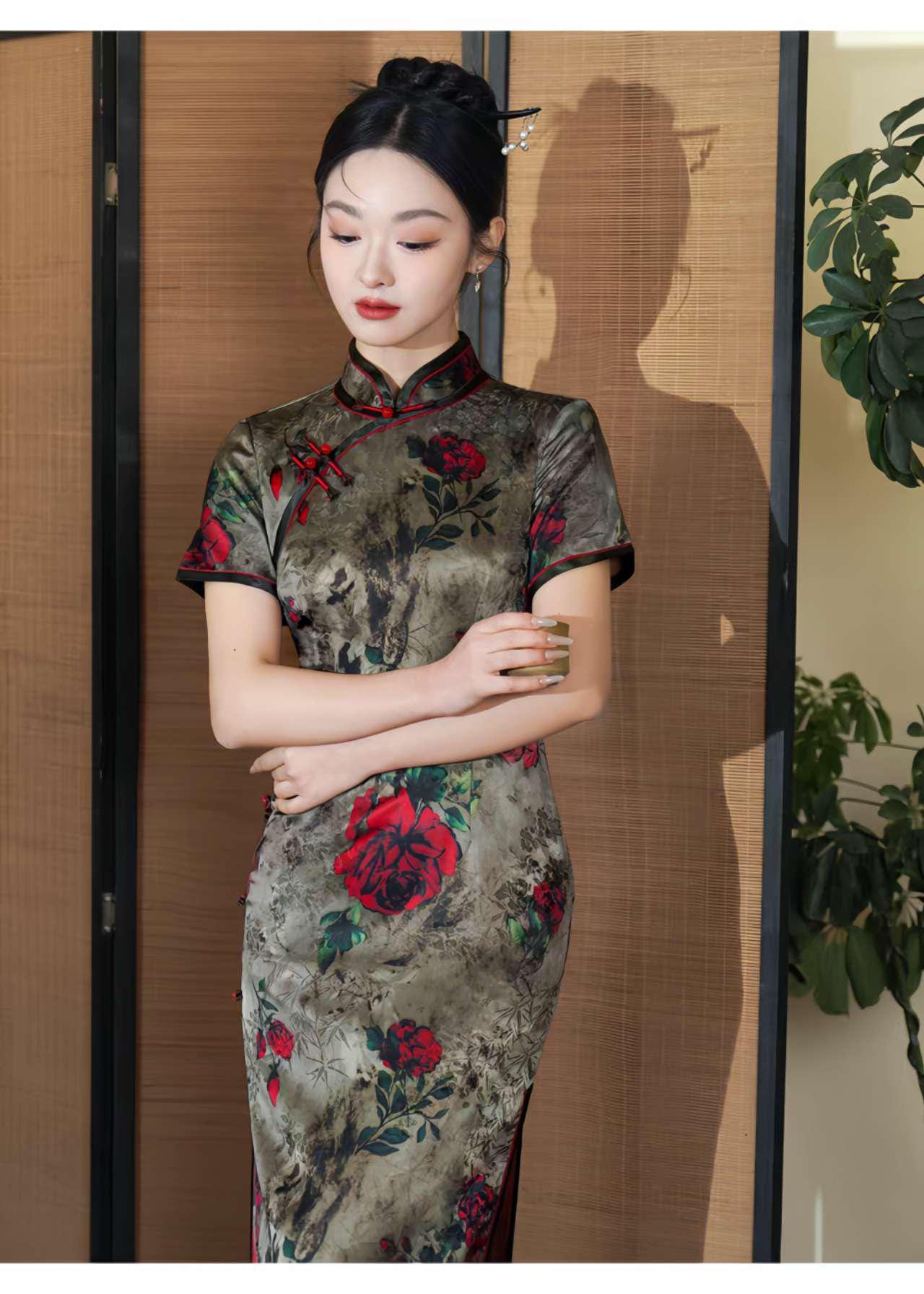 Qipao Rosa Vintage, Elegante Cheongsam Jacquard, Vestido Retro Chino, tallas grandes M-4XL,Vestido para Ceremonia del Té,Regalo para ella
