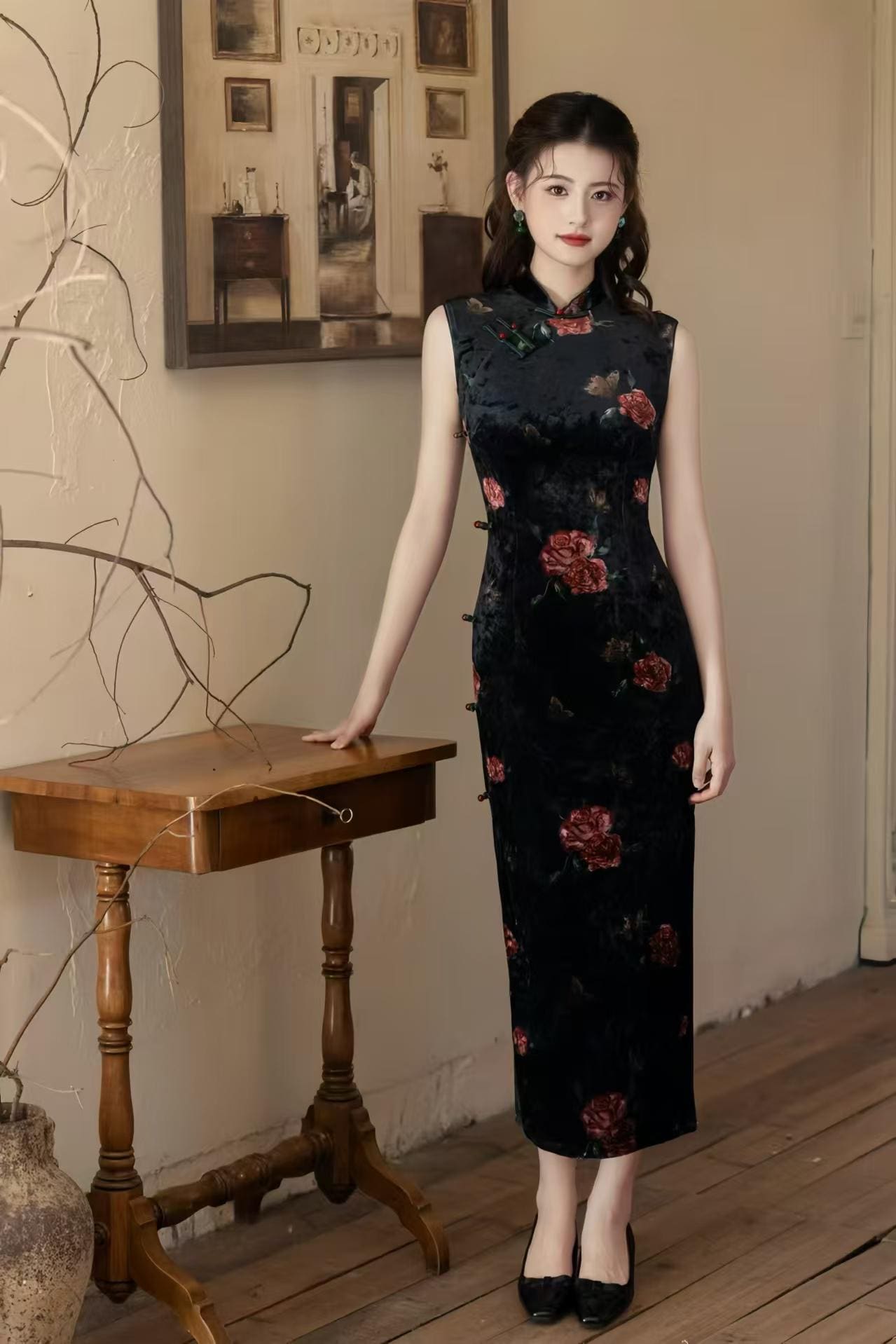 Black Velvet Qipao, Red Rose Floral Print Sleeveless Dress, Traditional Chinese Dress, Elegant Vintage Cheongsam