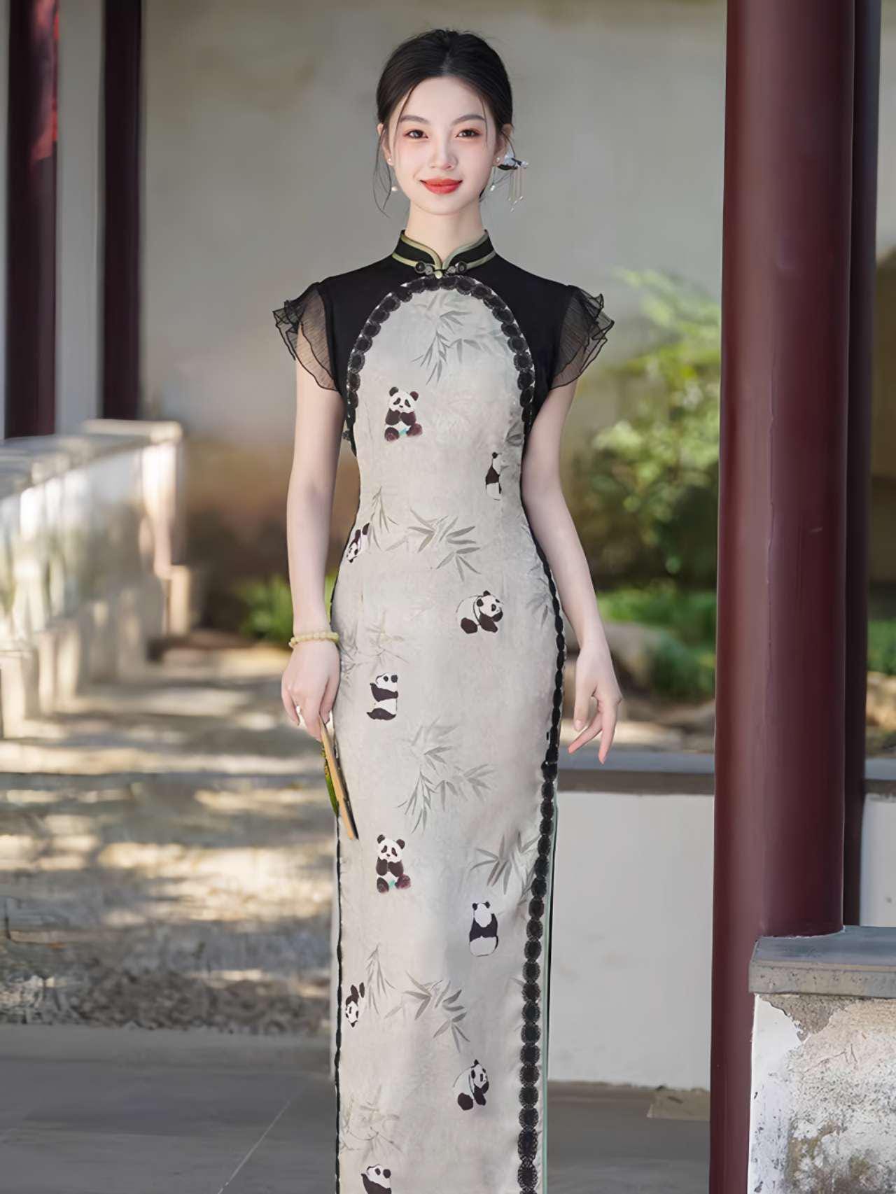 Elegante vestido de panda, Vestido de verano de estilo asiático, Qipao de manga fluida, Qipao con estampado de animales, regalo para ella