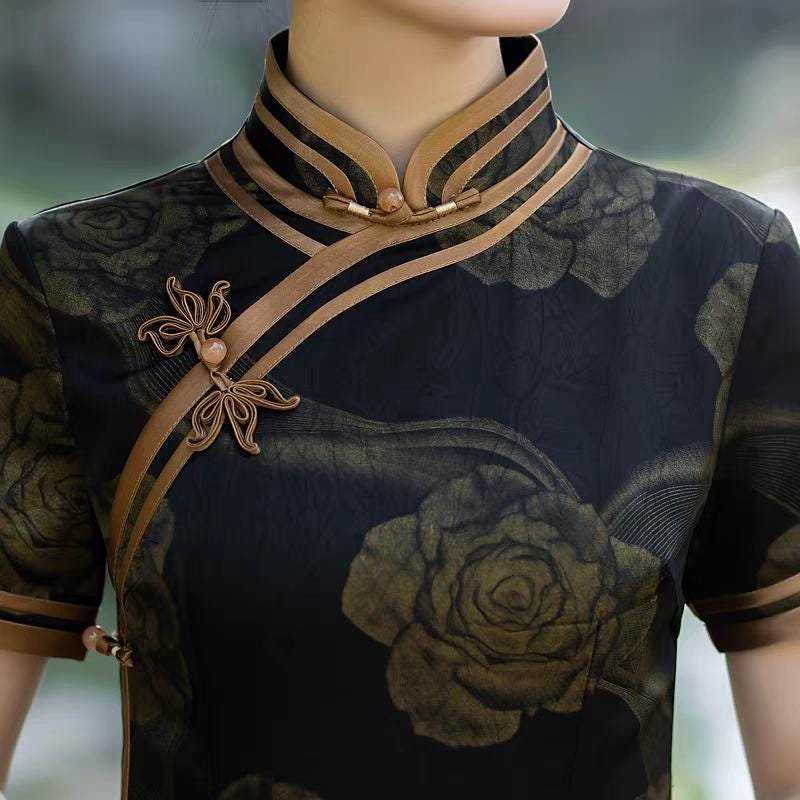 Cheongsam Clásico de Seda, Vestido Qipao Negro, Vestido Chino Vintage, Qipao con Diseño de Rosas, Vestido Tradicional, tallas grandes M-5XL