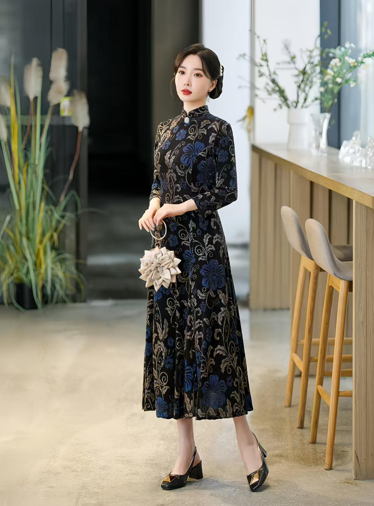 Elegante Vestido Qipao Floral,Maxi Cheongsam Lujo,Noche de Mezcla de Seda,Chino Vintage,Fiesta de Cóctel,Cheongsam larga,regalo para ella