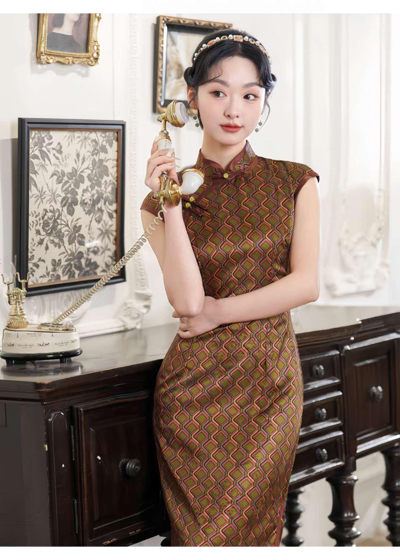 Qipao Jacquard Retro, Vestido Chino Vintage, Elegante Vestido Cheongsam, Vestido de Fiesta Oriental, Vestido de Noche, Ceremonia del Té