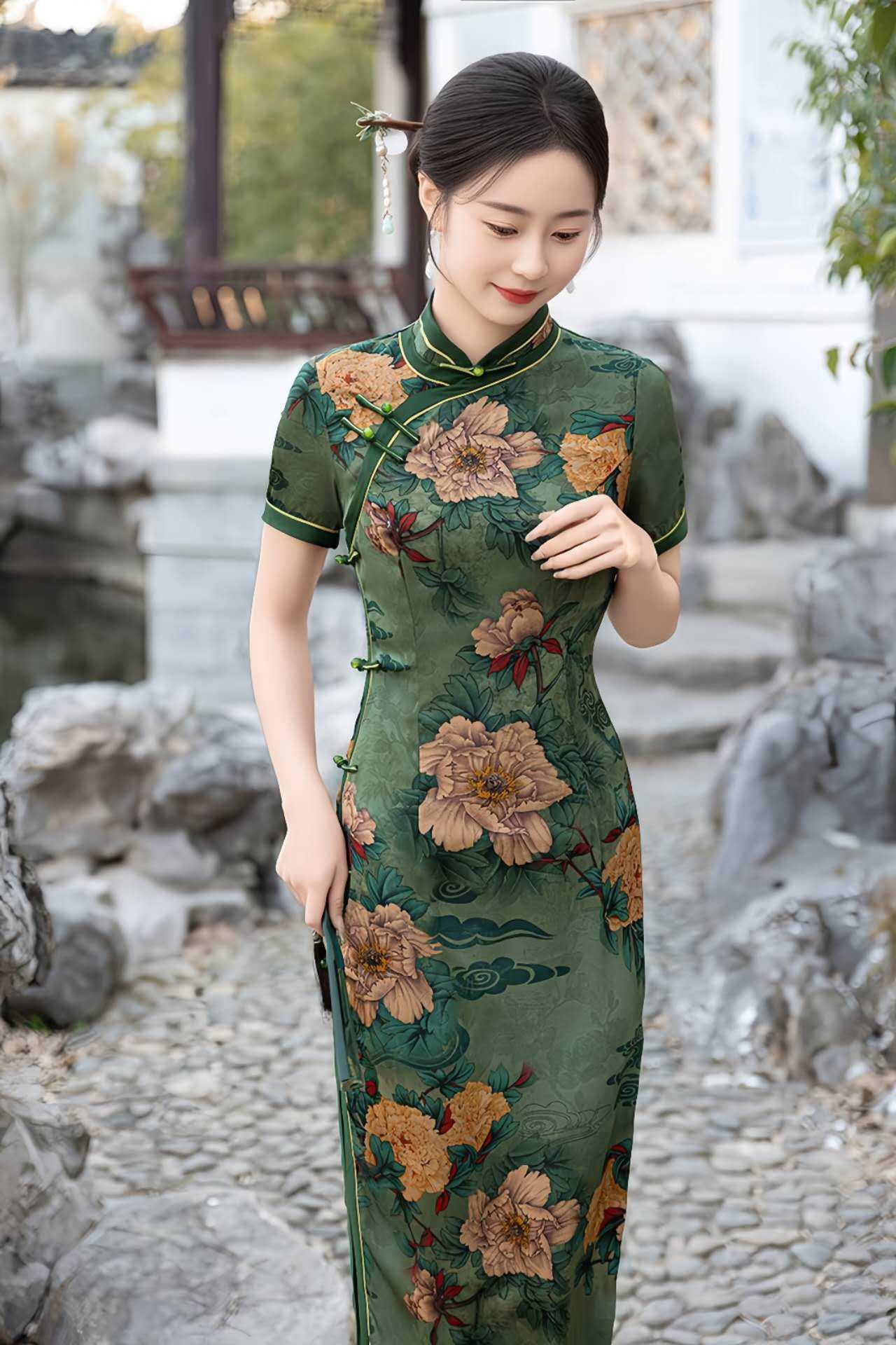 Qipao Floral Verde, Vestido Cheongsam de Seda, Vestido Estampado Peonía,Estilo Retro Chino, Vestido Qipao Clásico, Ceremonia del Té, regalo