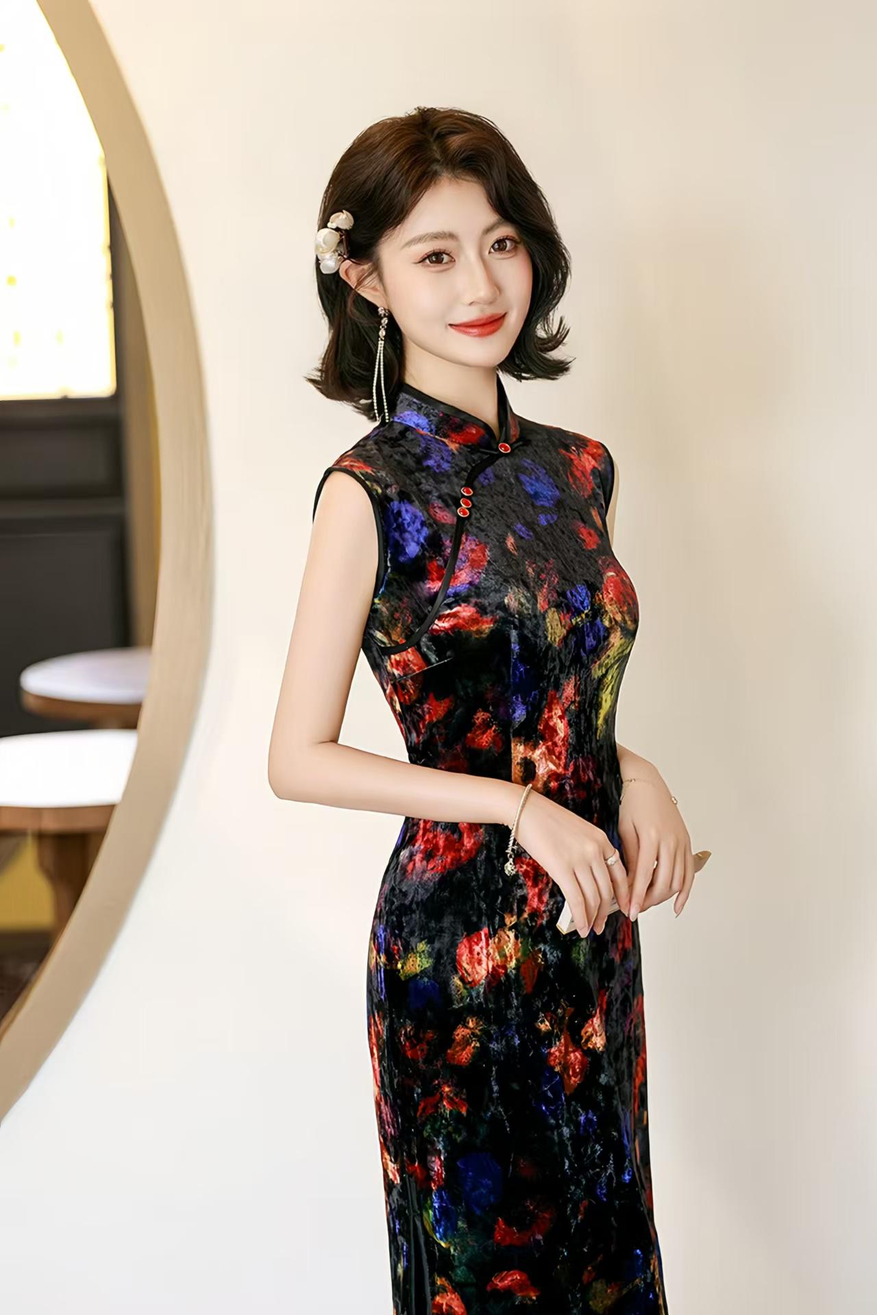 Velvet Qipao Sleeveless Dress, Black Cheongsam Evening Dress, Oil Painting Floral Chinese Dress, Artistic Oriental Style