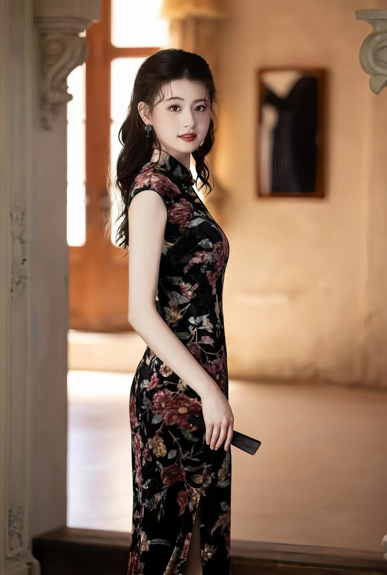 Black velvet qipao, floral print cheongsam, sleeveless Chinese dress, elegant vintage dress, autumn winter dress, gift