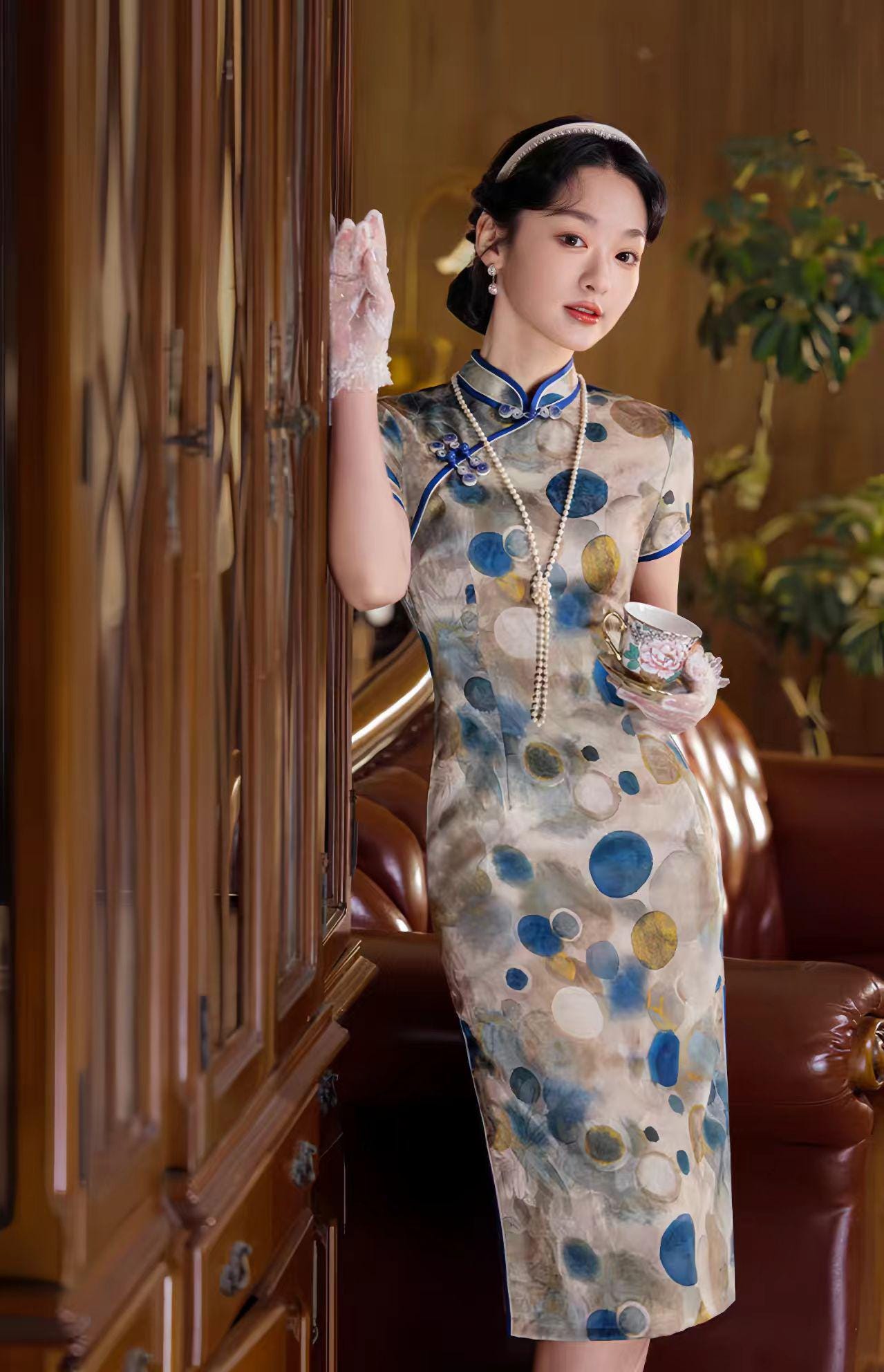 Vestido Qipao de Lunares, Vestido Chino Vintage de Lunares, Qipao Chic de Oficina, Vestido Estilo Asiático Moderno, Qipao Clásico para Mujer