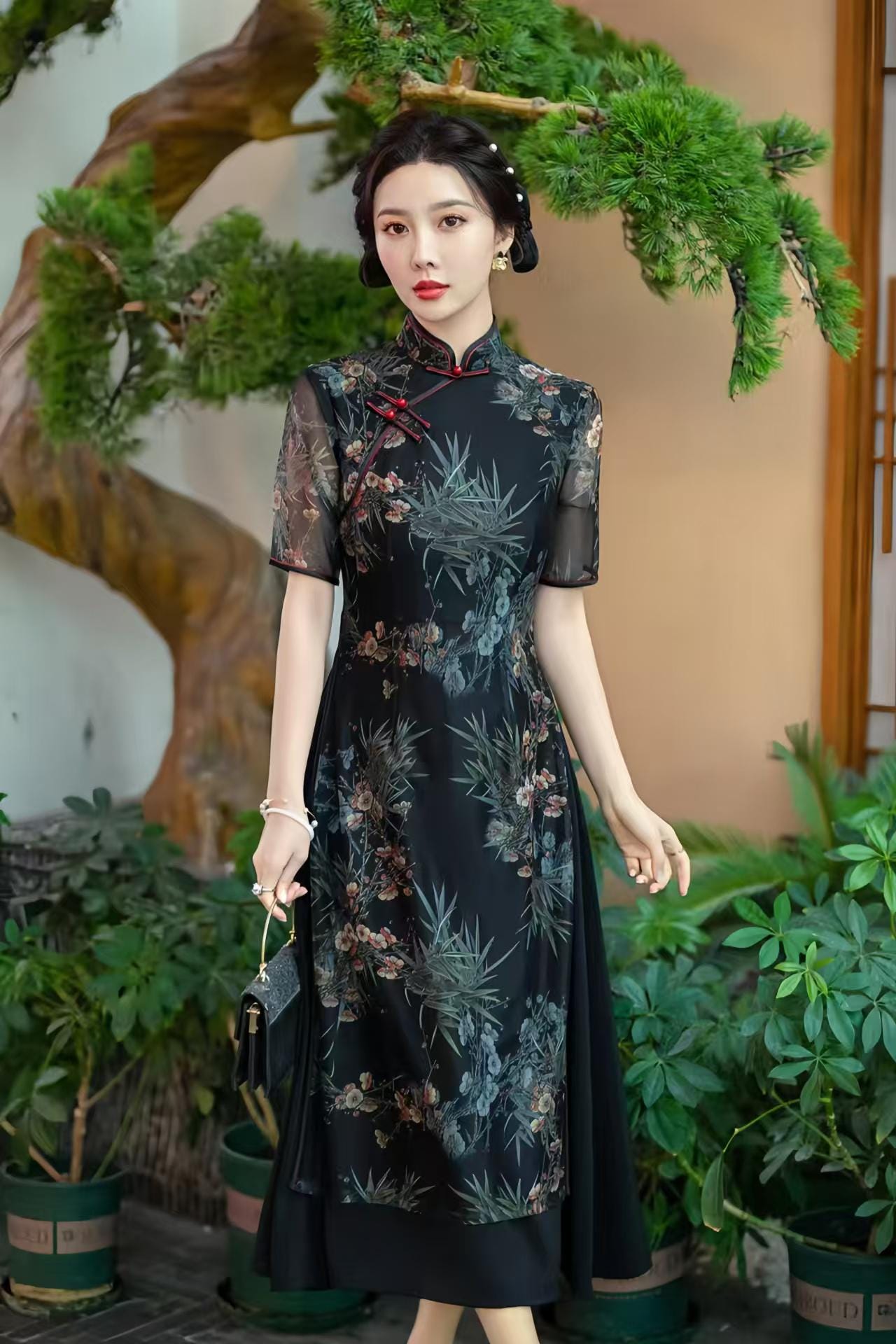 Vestido AoDai Qipao, Cheongsam Floral Oriental, Elegante Vietnamita, Chino Moderno, Mangas Transparentes,Cultural Asiático,Flores de Bambú