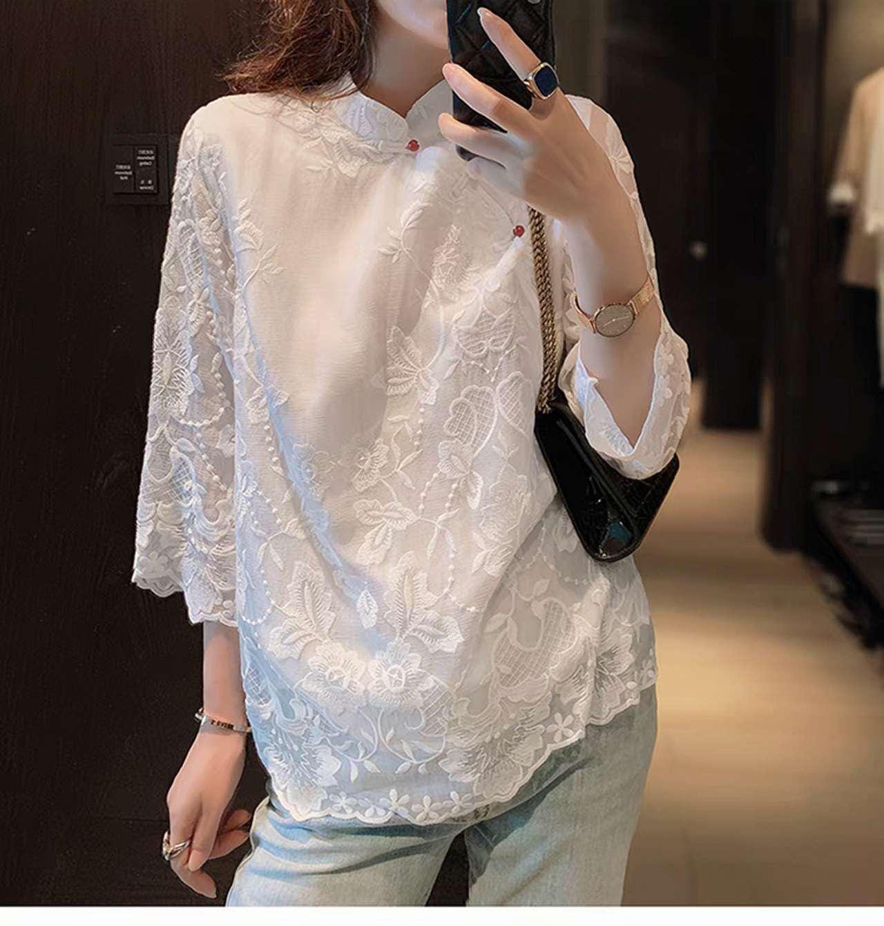 blusa china vintage mujer, camisa blanca bordada oriental, top holgado étnico retro, blusa estilo Tang, Camisa de la ceremonia del té