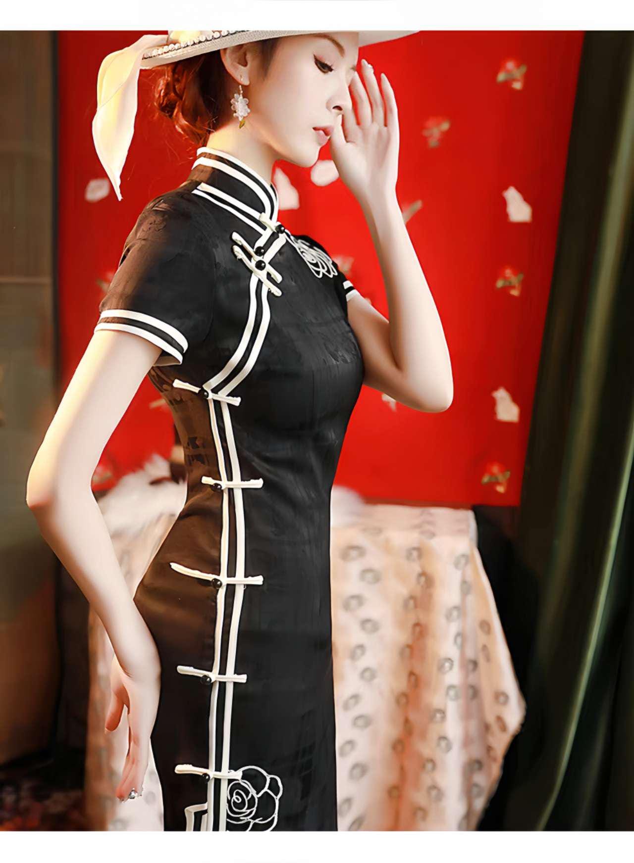 vestido cheongsam negro vintage, qipao elegante de noche estilo Shanghái, vestido chino con rosas bordadas,Vestido Vintage Elegante para Té