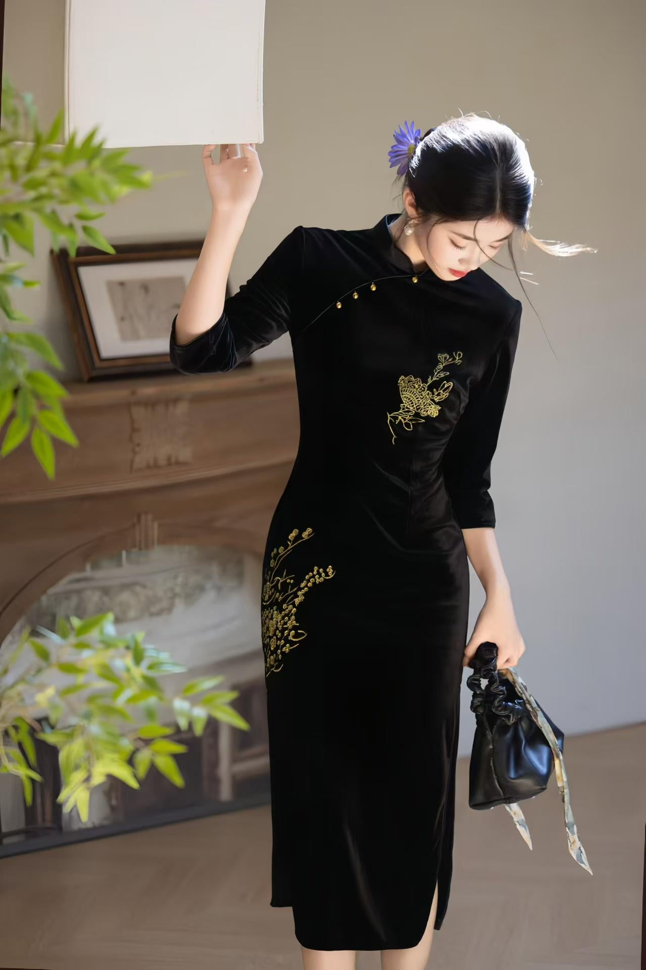 Velvet Embroidered Qipao Dress, Black Cheongsam with Gold Floral Embroidery, Elegant Oriental Midi Dress, Luxury Autumn Chinese Dress