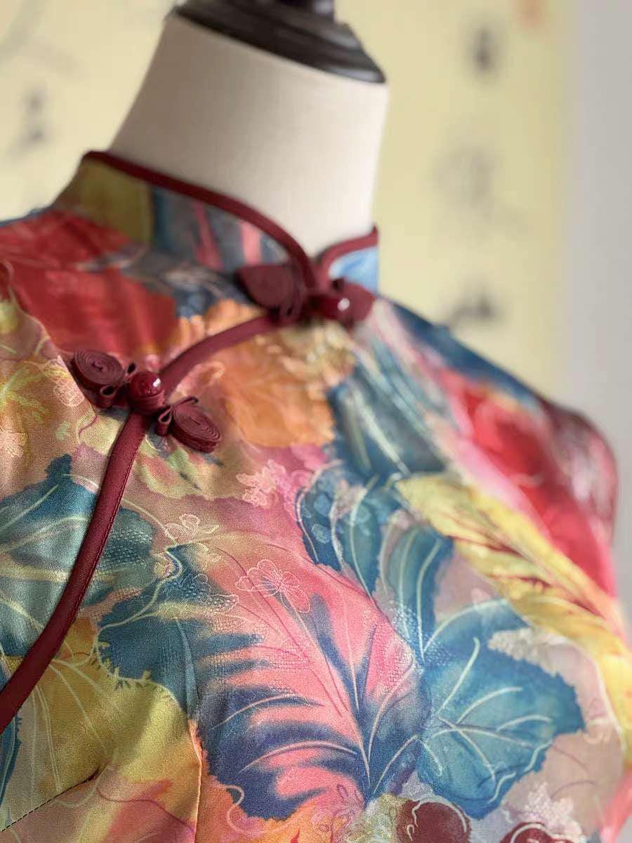 Atrevido Vestido Chino de Colores con Alegres Estampados,Summer Celebration Qipao, Energetic Oriental Dress ,Dopamine Style Cheongsam