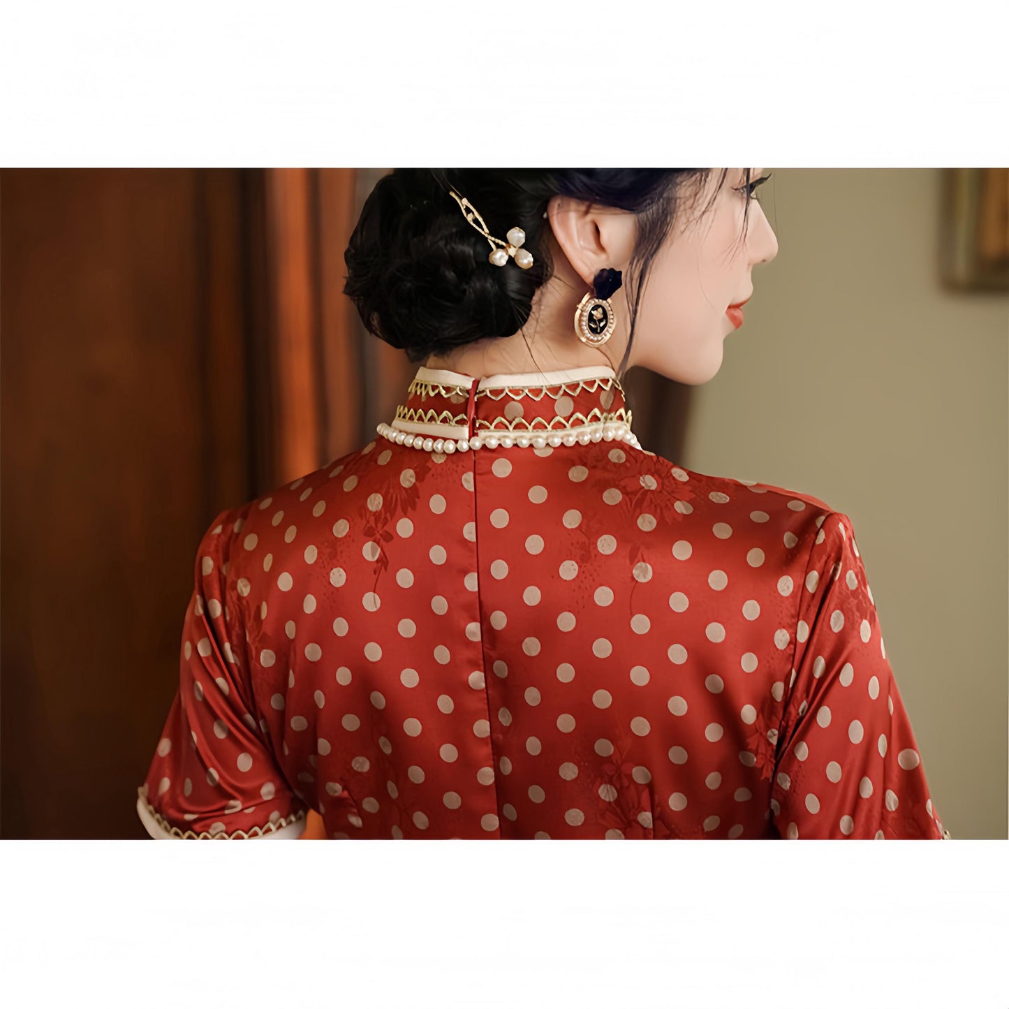 Qipao Vintage de Lunares, Vestido Cheongsam Estilo Francés, Vestido Chino Años 30, Vestido Brocado Floral rojo, Vestido Retro Té Shangai