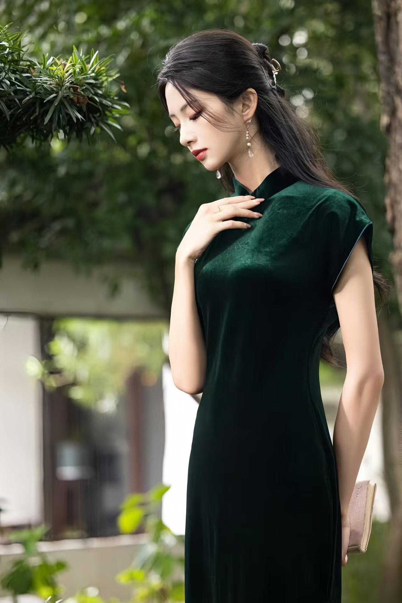 Vestido Qipao Terciopelo Verde, Elegante Vestido Cheongsam Midi, Lujoso Oriental, Minimalista Estilo Chino, Conjunto Fiesta Otoño Invierno