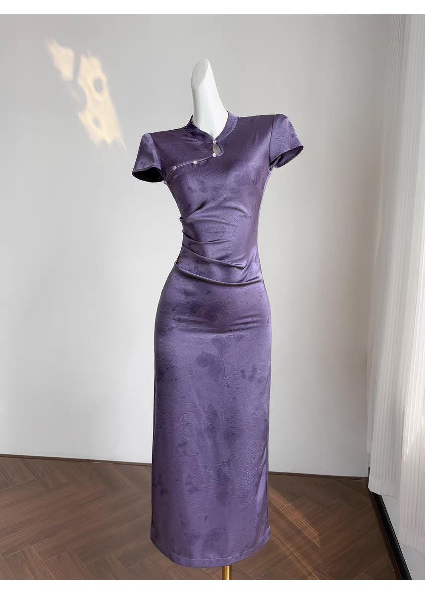 Qipao púrpura, vestido chino cheongsam vintage, vestido antiguo estilo Shangai, vestido retro de cóctel,Vestido Vintage Elegante para Té