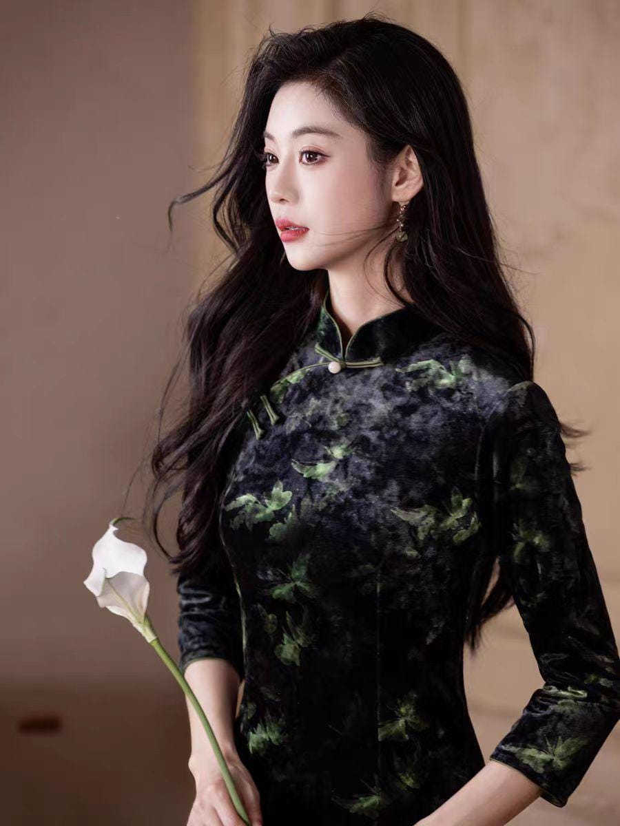 Chinese Velvet Qipao Dress, Vintage Black Cheongsam with Green Leaf Print, Elegant Long Sleeve Oriental Dress, Gift