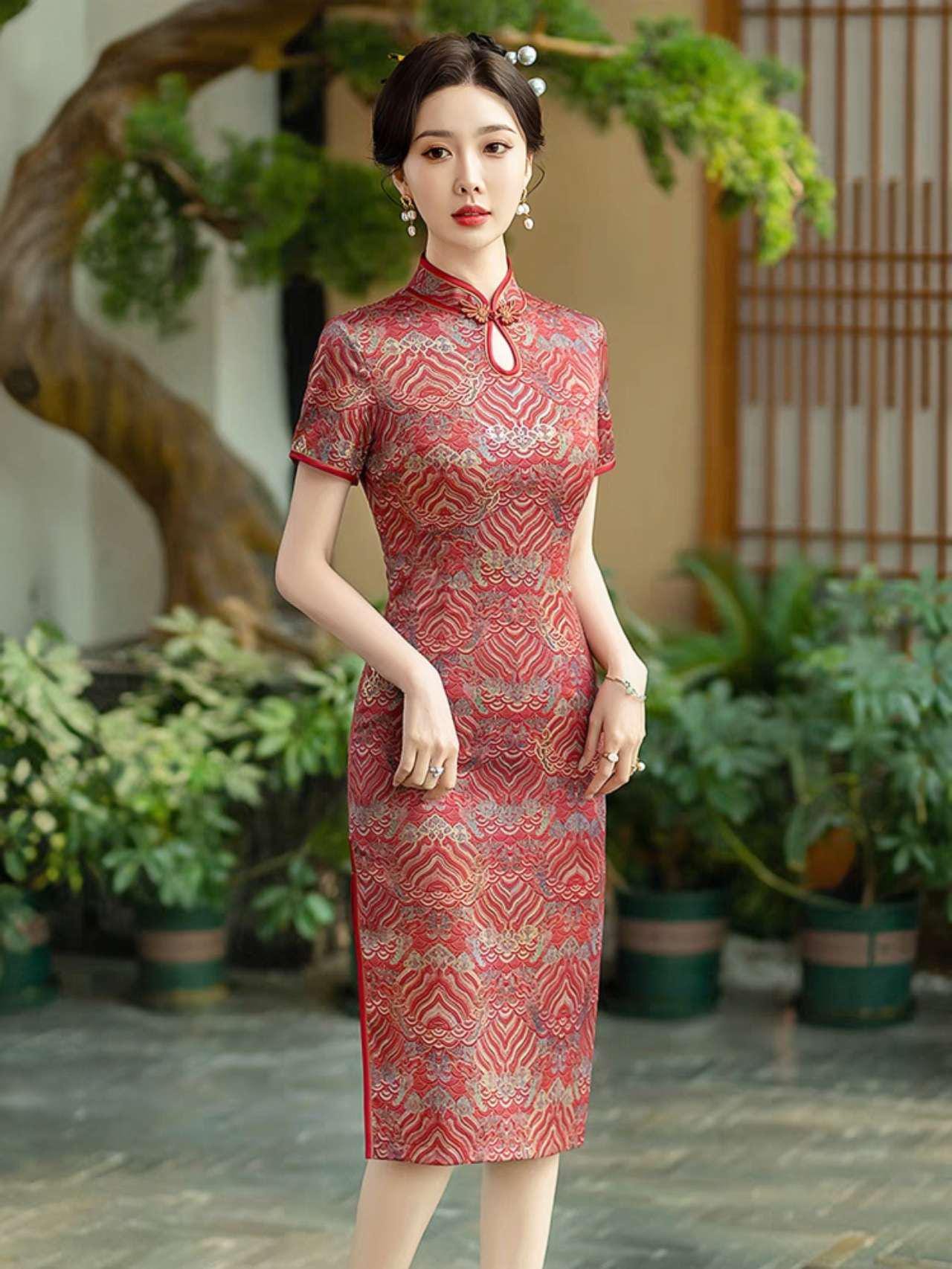Red Brocade Qipao, Elegant Cheongsam Dress, Vintage Chinese Dress, Oriental Cocktail Dress, Retro Wedding Qipao, Plus Size L-5XL
