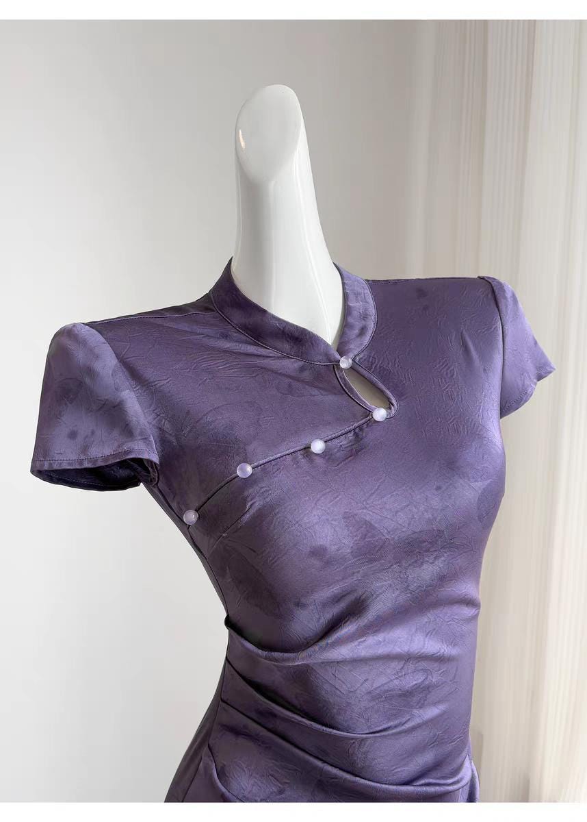 Qipao púrpura, vestido chino cheongsam vintage, vestido antiguo estilo Shangai, vestido retro de cóctel,Vestido Vintage Elegante para Té