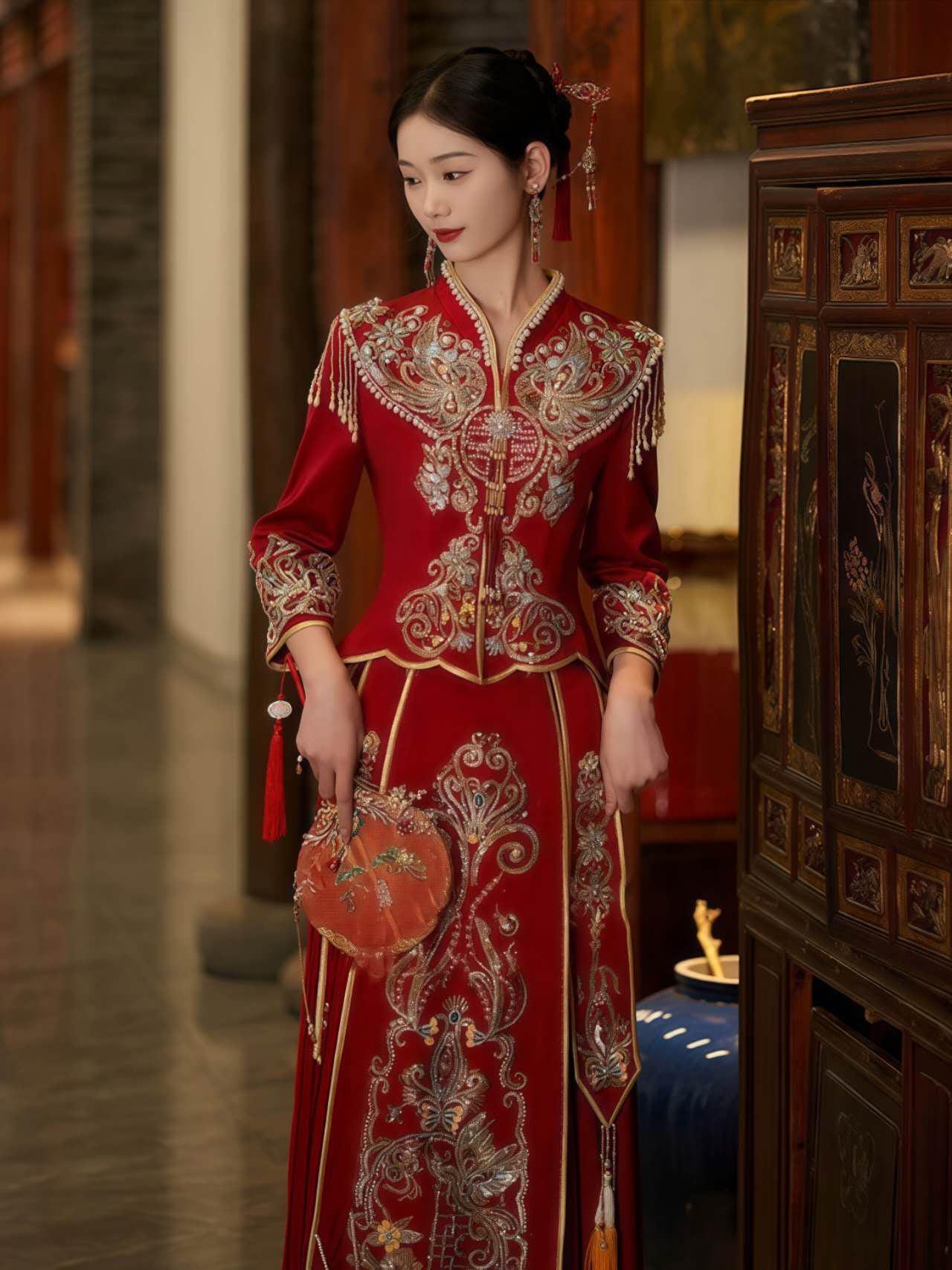 Vestido Chino Rojo Real, Vestido Tradicional Qun Kwa, Traje de Novia Cheongsam Vintage, Ceremonia de Té de Boda, Look de Compromiso Chino