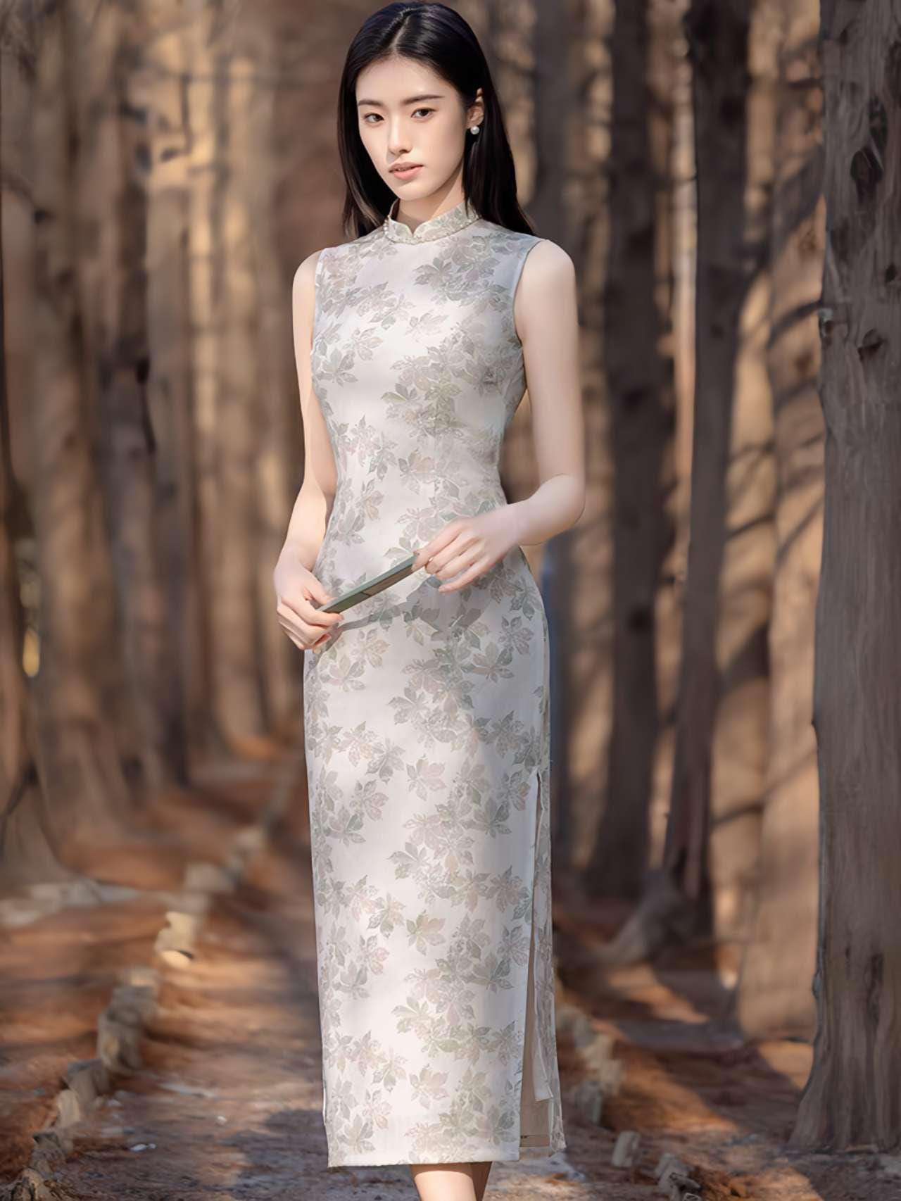 Vestido Qipao de Lino, Cheongsam Floral,Vestido Chino Beige Claro, Vestido Retro de Verano, Vestido para la Fiesta del Té,regalo para ella