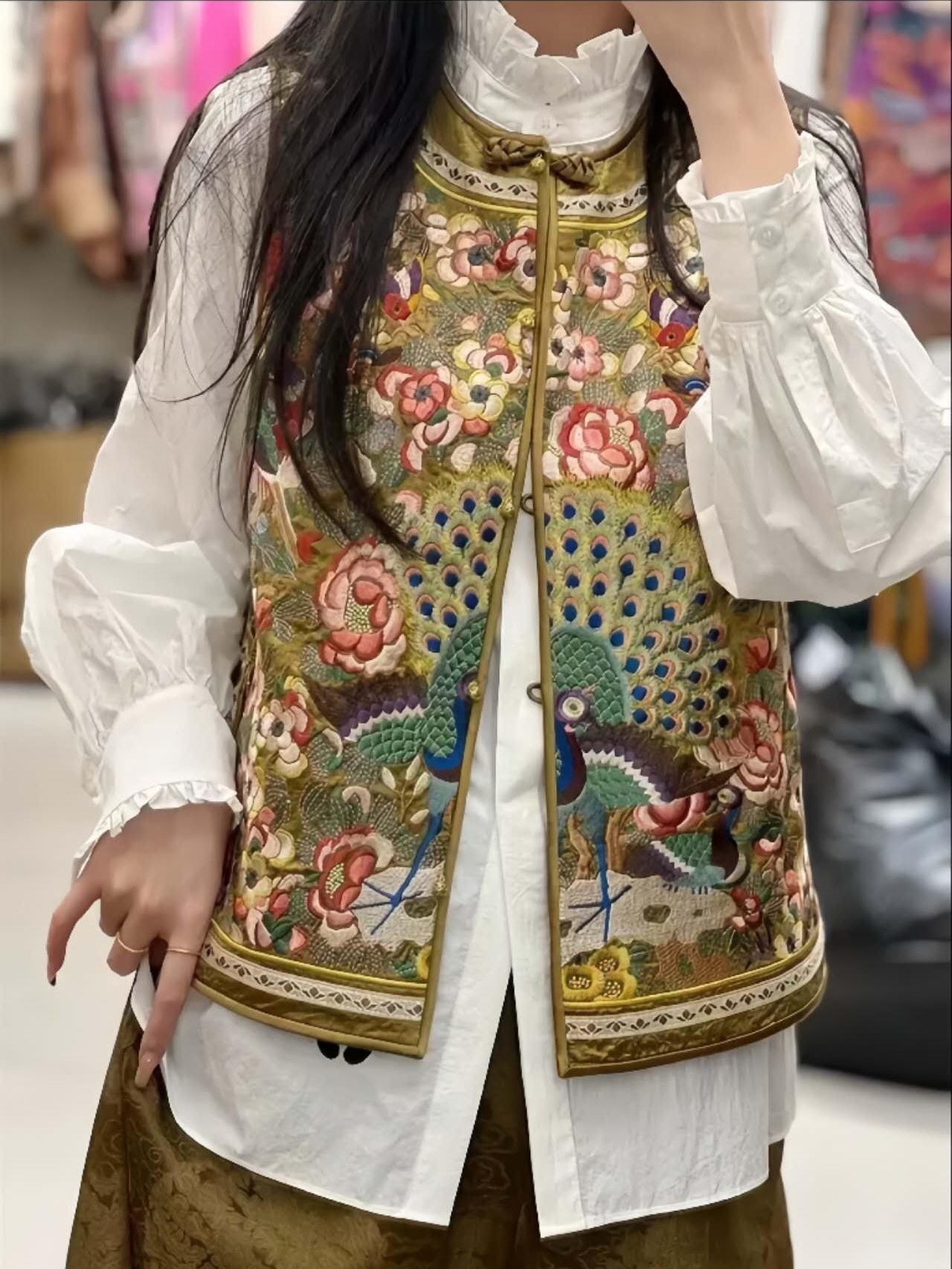 Chaleco Vintage Chino con Bordado Artesanal, Chaleco Estilo Hanfu con Flores y Aves, Regalo Único para Ella, Trabajo diario/Ceremonia del té