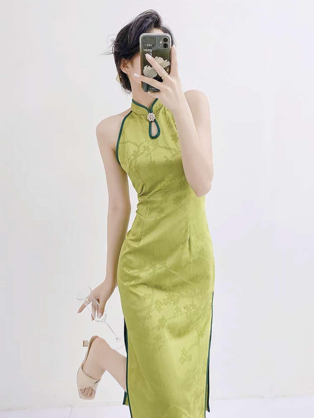 Qipao Verde Halter, Vestido de Brocado Floral Cheongsam, Vestido Chino de Verano, Traje de Invitada de Boda,Vestido Vintage Elegante para Té