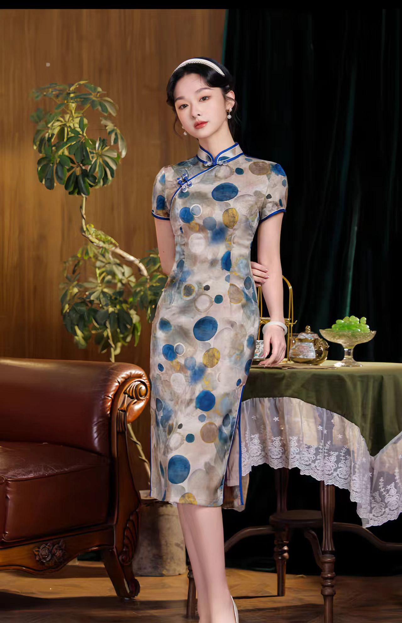 Vestido Qipao de Lunares, Vestido Chino Vintage de Lunares, Qipao Chic de Oficina, Vestido Estilo Asiático Moderno, Qipao Clásico para Mujer