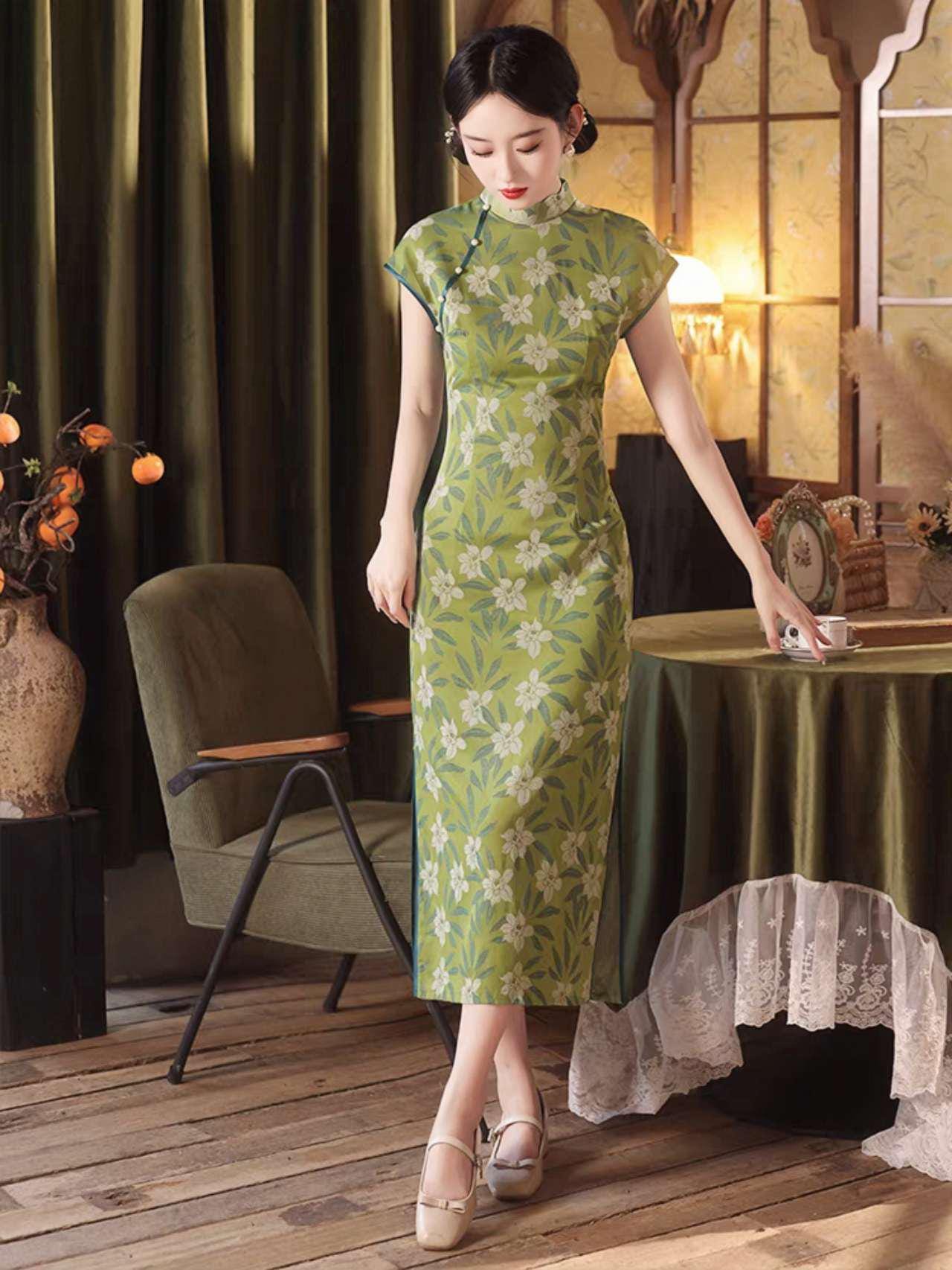 Vestido Qipao Brocado Floral, Cheongsam Chino Verde, Elegante Vestido, Vestido de Té Retro, Qipao Primavera Verano, Qipao Invitada de Boda