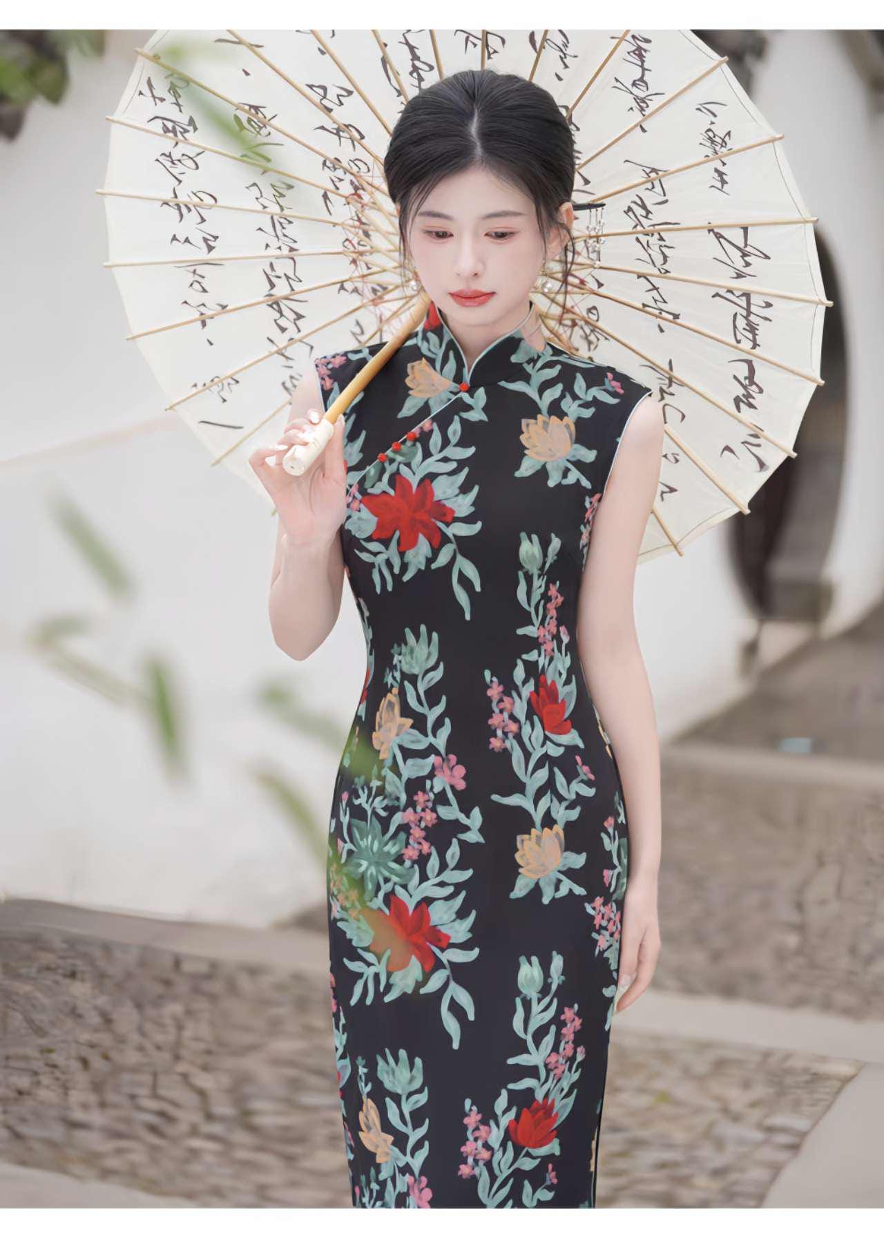 Qipao Floral Negro, Vestido Cheongsam Retro, Elegante Vestido de Noche, Vestido de Verano, Traje de Boda Cultural, Vestido Vintage para Té