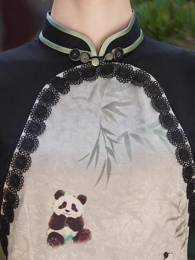 Elegante vestido de panda, Vestido de verano de estilo asiático, Qipao de manga fluida, Qipao con estampado de animales, regalo para ella