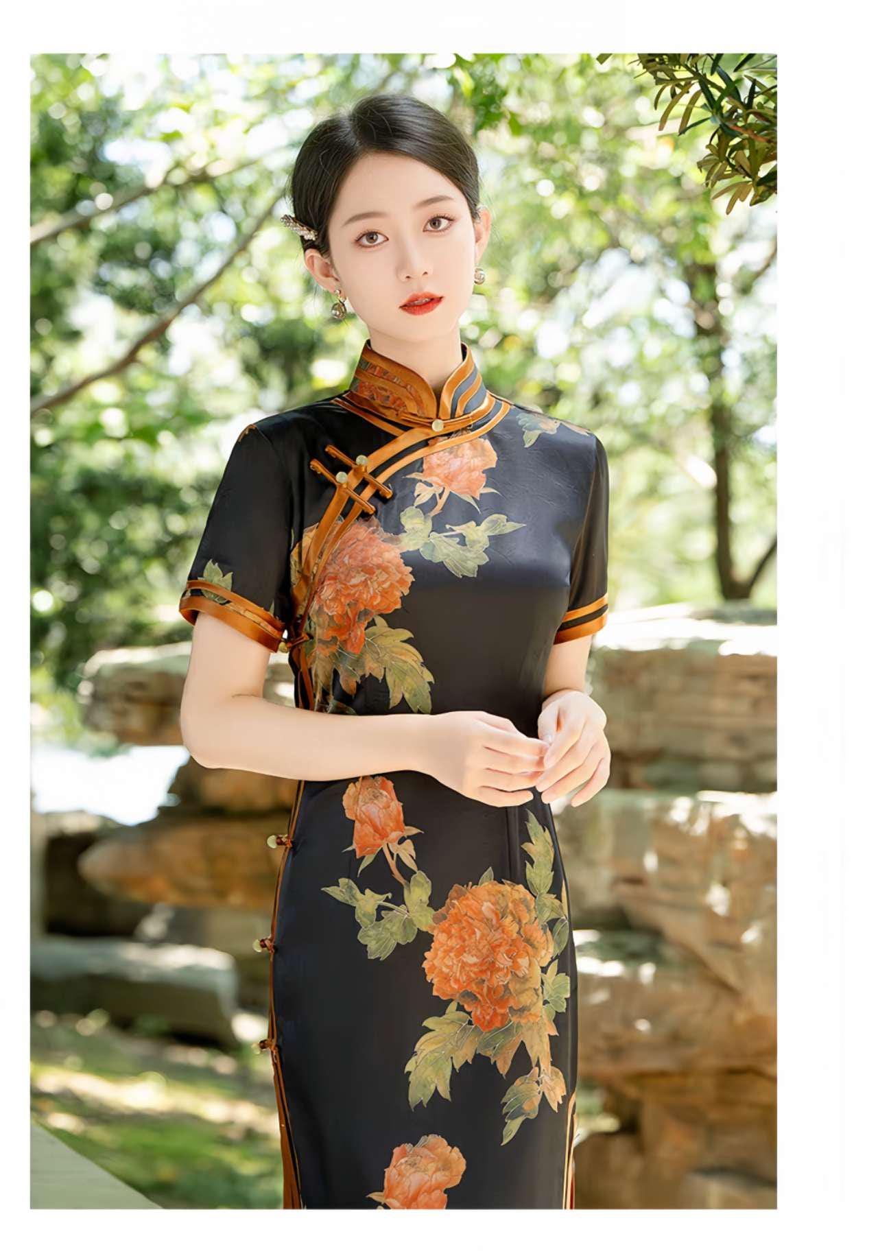Qipao floral de satén negro, Cheongsam de Estilo Clásico, Vestido de Verano, Vestido Oriental Floral, Vestido de Invitada de Boda Asiática