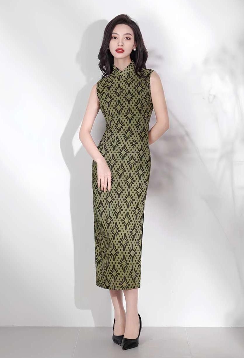 Qipao verde vintage, Vestido Cheongsam sin mangas, Vestido chino, Vestido de noche de estilo asiático, Vestido moderno de mediados de siglo