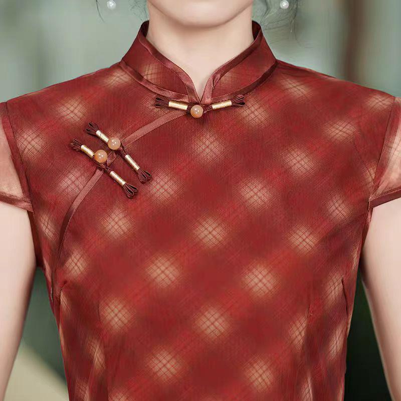 Tencel Sheer Qipao Dress, Red Plaid Cheongsam Gown, Traje de Invitada de Boda, Vestido Cheongsam de Malla Vintage, tallas grandes M-5XL