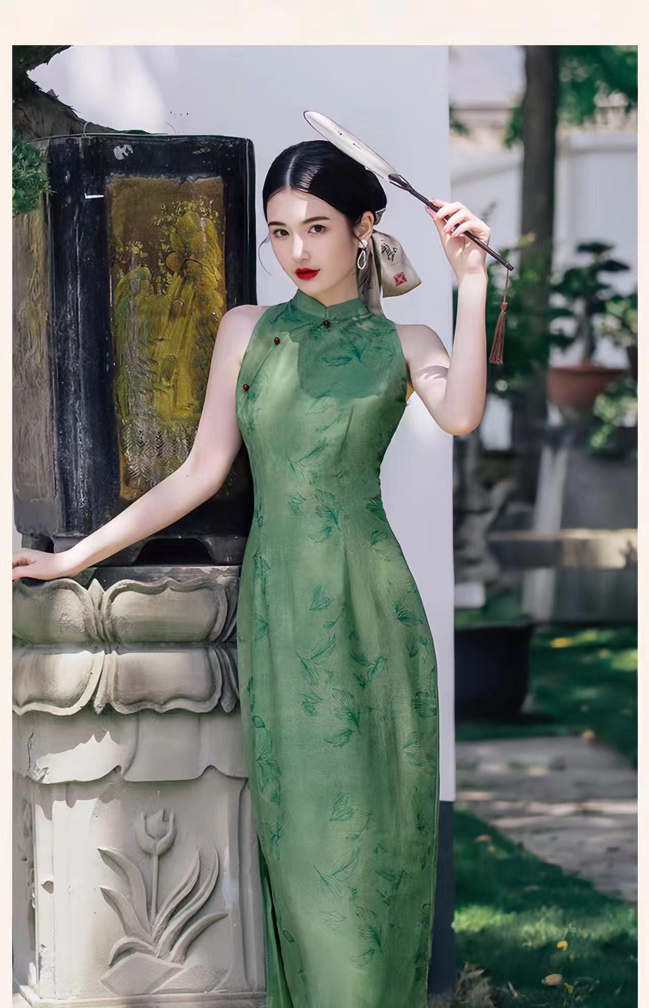 Elegante Conjunto de Vestido Qipao Verde, Conjunto Cheongsam Chino de Dos Piezas, Cheongsam Moderno para Oficina, Cultural Asian Tea Party