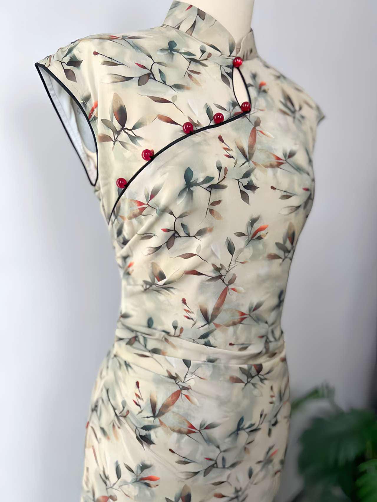 Qipao Floral Tencel, Qipao Oriental Midi, Cheongsam de Hojas de Acuarela, Vestido Tradicional Asiático, Vestido para Ceremonia del Té,regalo