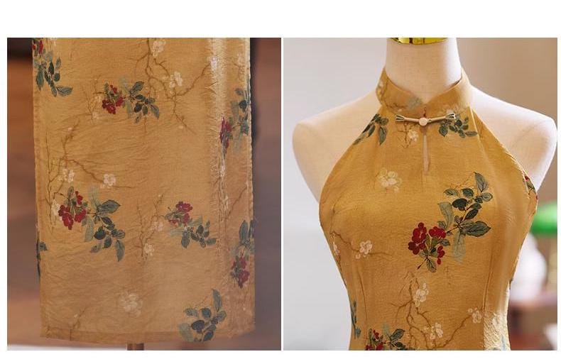 Qipao Vintage de Cuello Halter, Vestido Chino Elegante de Lino y Seda, Cheongsam sin Mangas para Uso Diario, Atuendo Oriental de Verano