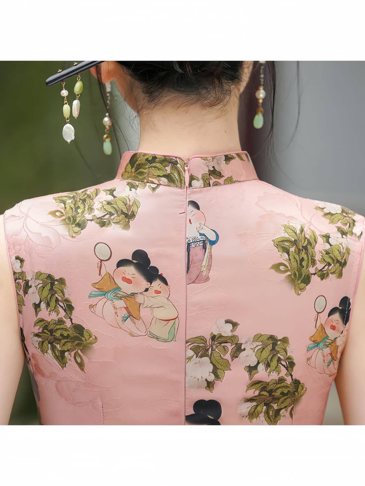 Cheongsam Rosa, Qipao Vintage Lady Print, Vestido Cultural Chino, Qipao Inspirado en Hanfu, Vestido para Ceremonia del Té, regalo para ella