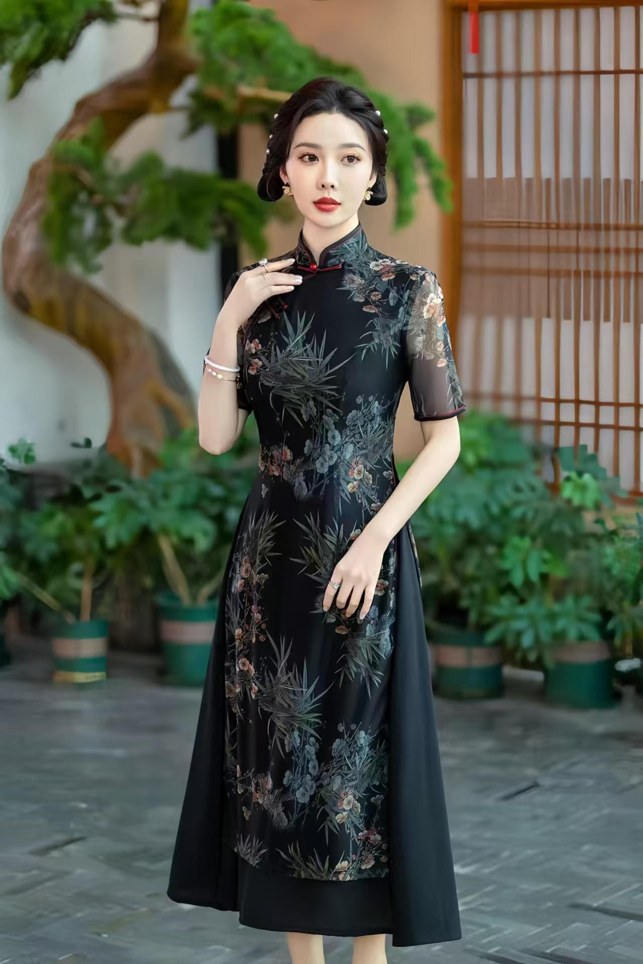 Vestido AoDai Qipao, Cheongsam Floral Oriental, Elegante Vietnamita, Chino Moderno, Mangas Transparentes,Cultural Asiático,Flores de Bambú