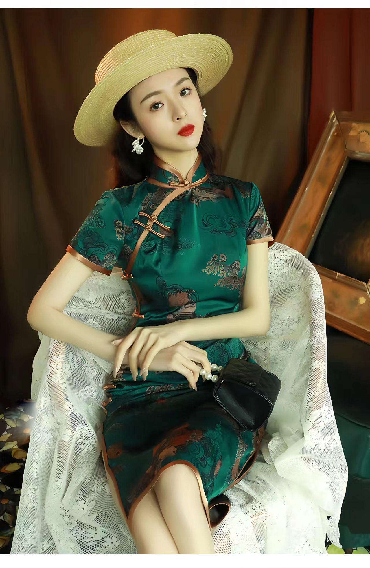 Qipao Verde Oscuro, Vestido de Brocado Cheongsam, Vestido Chino Vintage, Qipao Clásico Floral, Traje Formal Asiático, Moda Retro China S-4XL