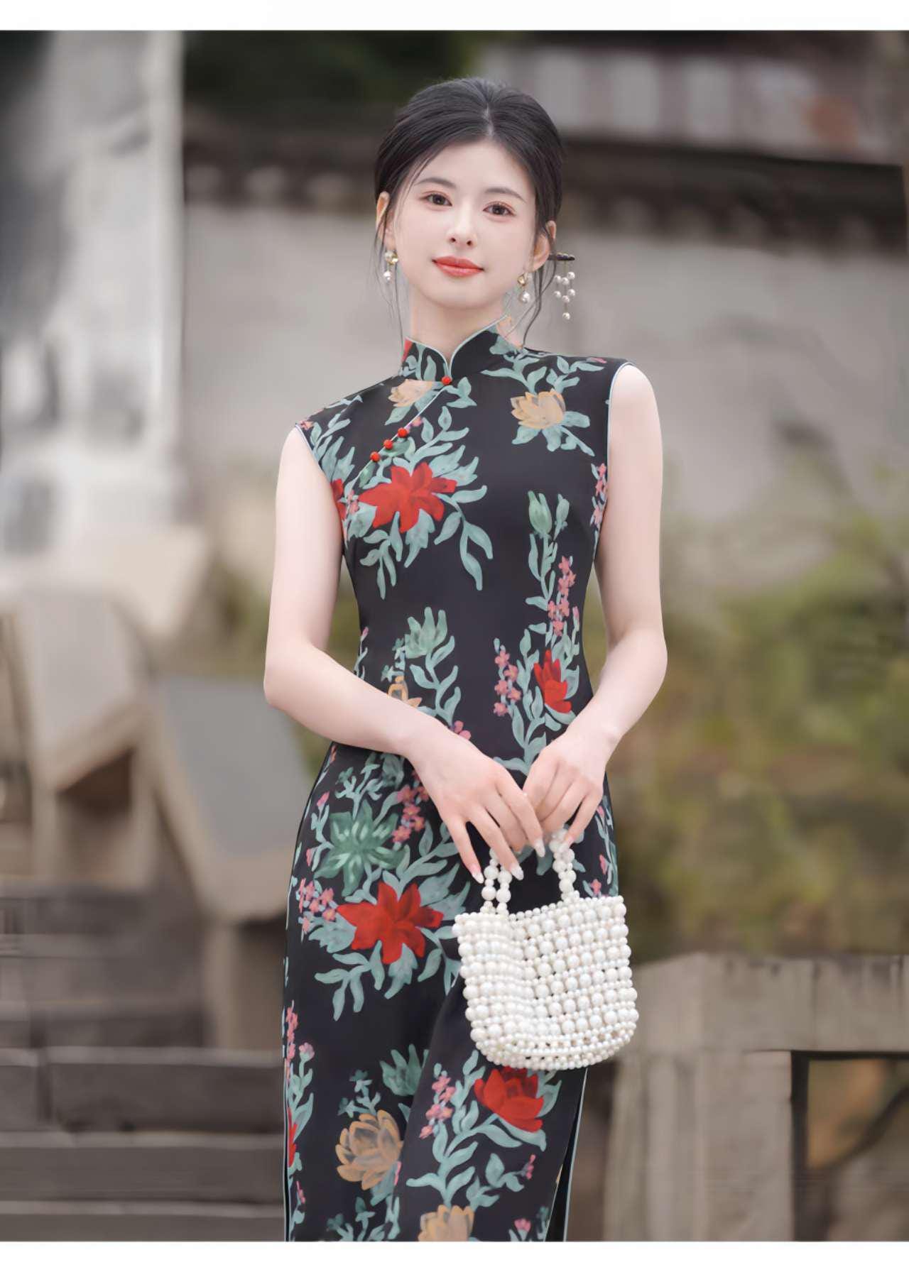 Qipao Floral Negro, Vestido Cheongsam Retro, Elegante Vestido de Noche, Vestido de Verano, Traje de Boda Cultural, Vestido Vintage para Té