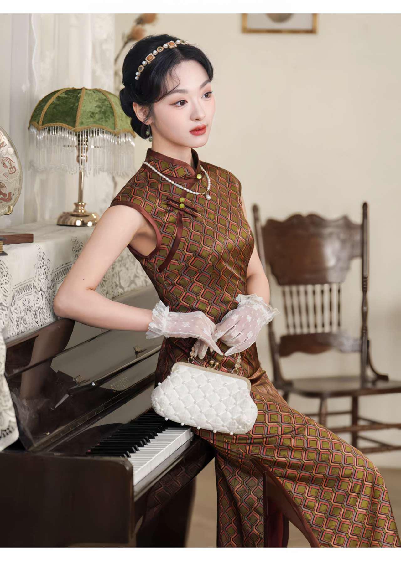 Qipao Jacquard Retro, Vestido Chino Vintage, Elegante Vestido Cheongsam, Vestido de Fiesta Oriental, Vestido de Noche, Ceremonia del Té