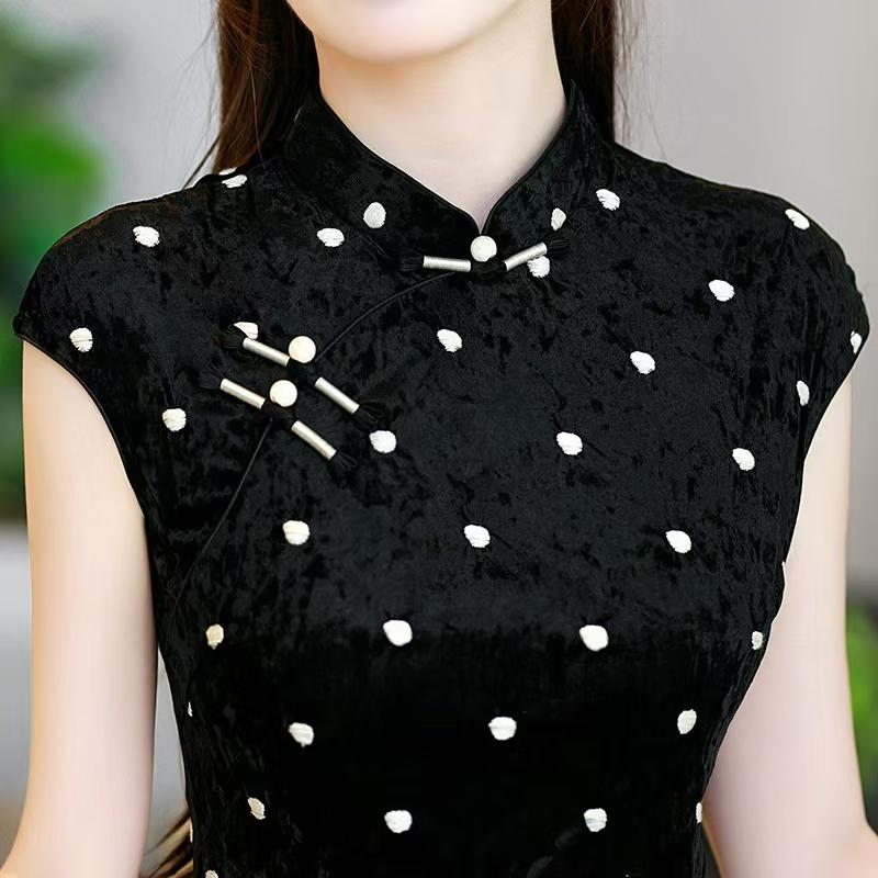 Qipao de terciopelo negro con lunares, Vestido chino, Cheongsam largo elegante, Vestido de fiesta asiático vintage, formal, Ceremonia del Té