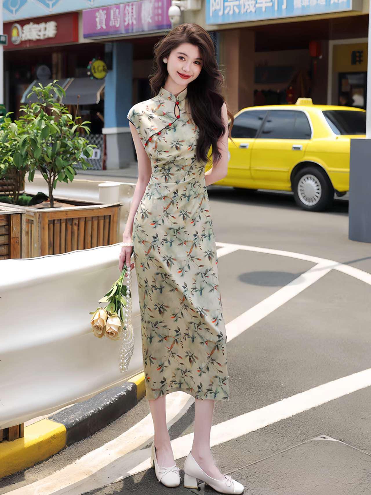 Qipao Floral Tencel, Qipao Oriental Midi, Cheongsam de Hojas de Acuarela, Vestido Tradicional Asiático, Vestido para Ceremonia del Té,regalo