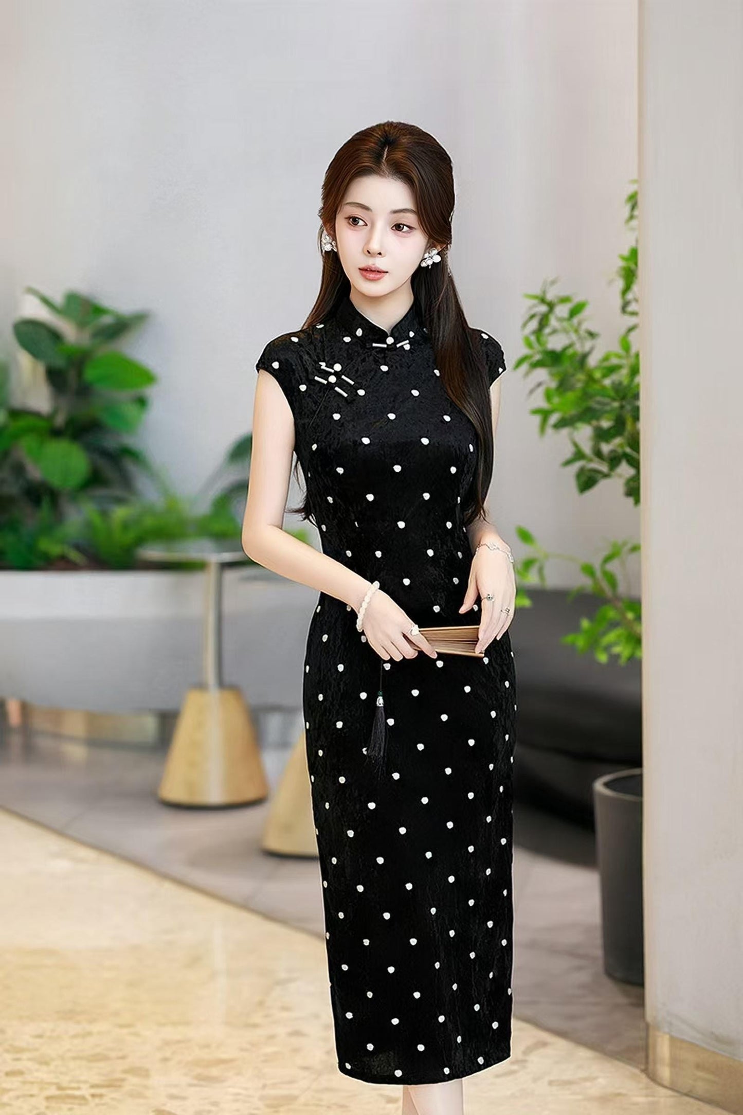 Qipao de terciopelo negro con lunares, Vestido chino, Cheongsam largo elegante, Vestido de fiesta asiático vintage, formal, Ceremonia del Té