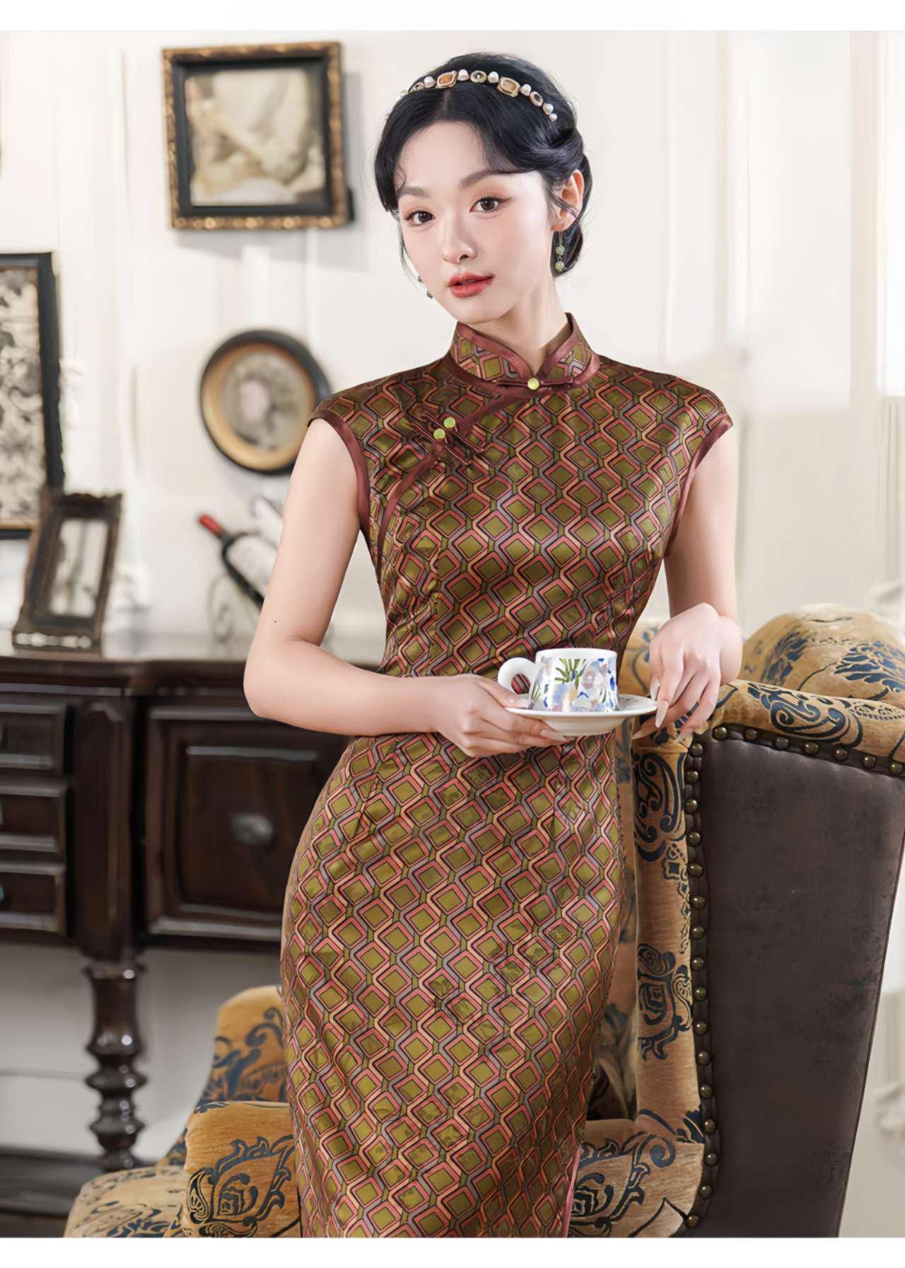 Qipao Jacquard Retro, Vestido Chino Vintage, Elegante Vestido Cheongsam, Vestido de Fiesta Oriental, Vestido de Noche, Ceremonia del Té