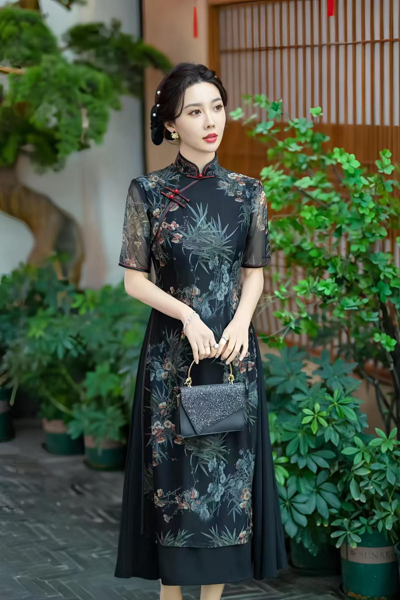 Vestido AoDai Qipao, Cheongsam Floral Oriental, Elegante Vietnamita, Chino Moderno, Mangas Transparentes,Cultural Asiático,Flores de Bambú
