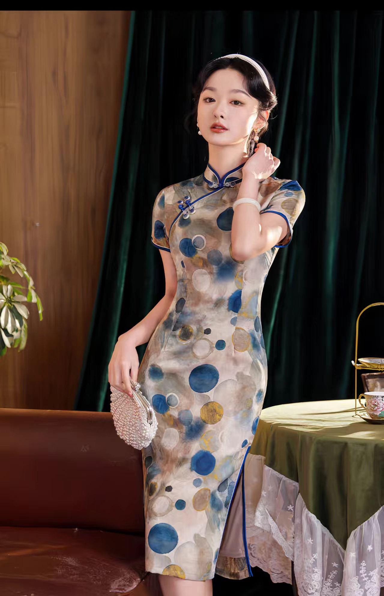 Vestido Qipao de Lunares, Vestido Chino Vintage de Lunares, Qipao Chic de Oficina, Vestido Estilo Asiático Moderno, Qipao Clásico para Mujer