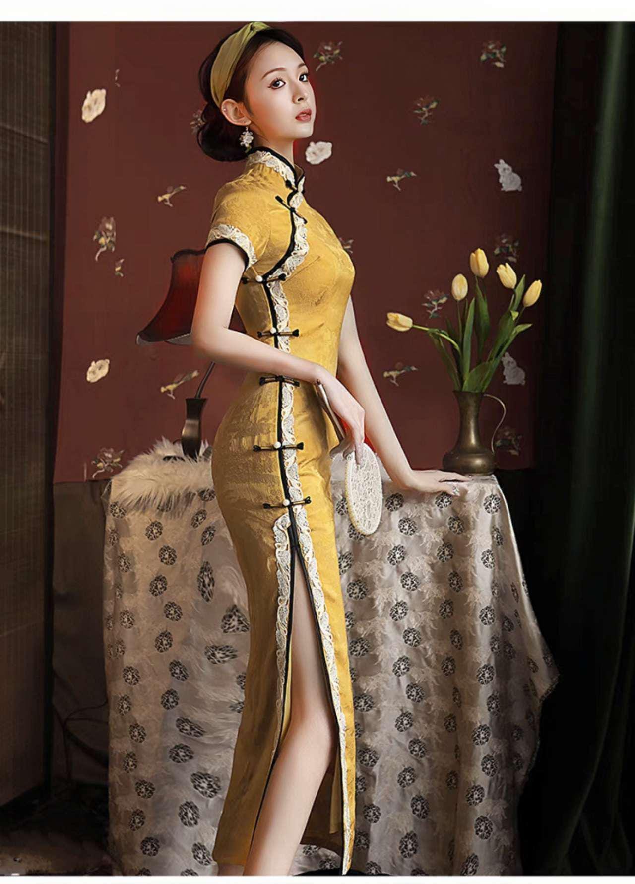 Vestido Qipao Dorado, Elegante Cheongsam Chino, Vestido Retro Largo, Vestido Cultural de Té Amarillo, Vestido Formal de Fiesta Asiático