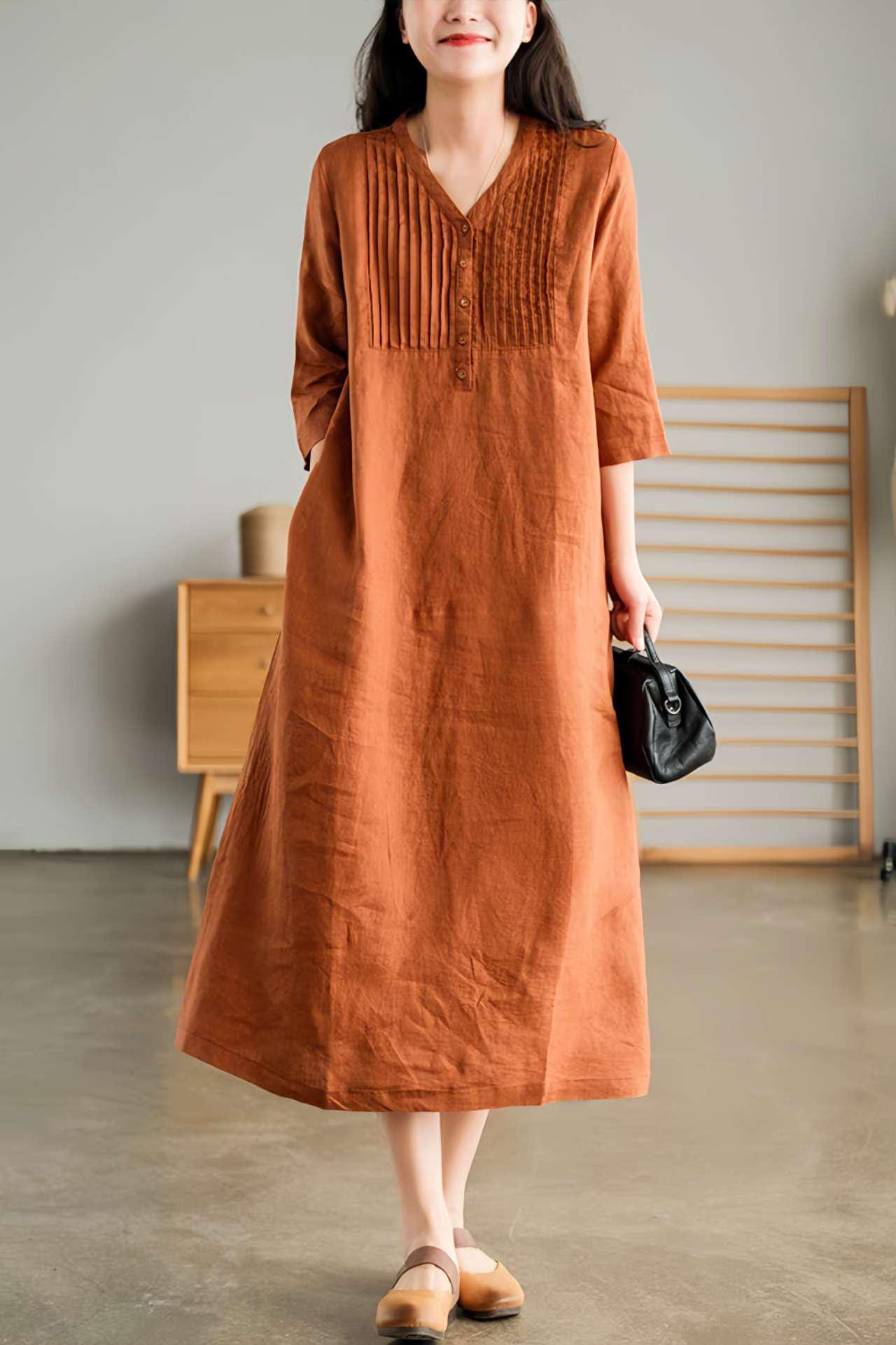 Vestido Plisado de Lino, Vestido Japandi Cuello en V, Ropa Estilo Zen Mori, Vestido de Tejido Natural, Vestido Suelto, Inspiración Japonesa