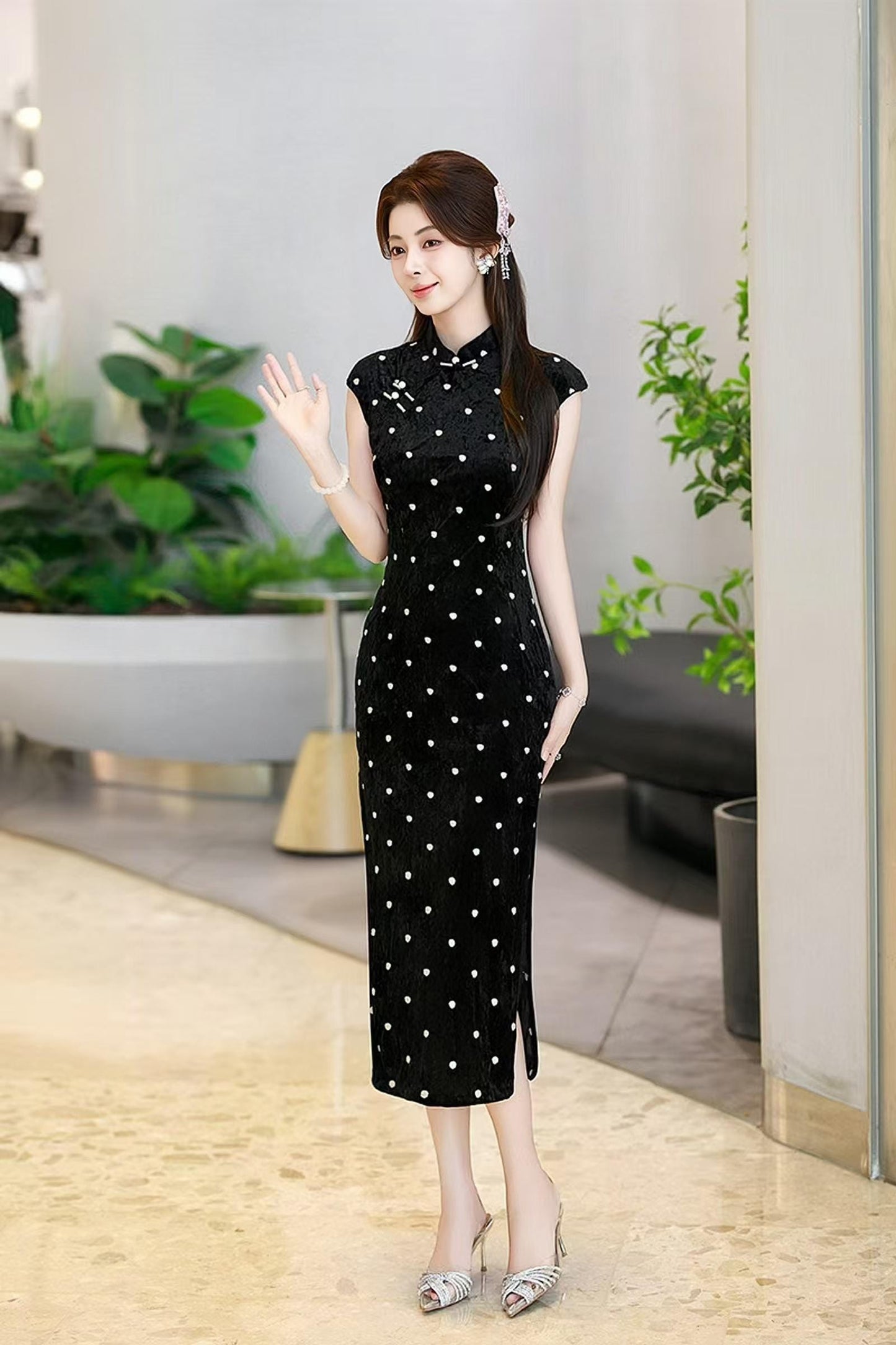 Qipao de terciopelo negro con lunares, Vestido chino, Cheongsam largo elegante, Vestido de fiesta asiático vintage, formal, Ceremonia del Té